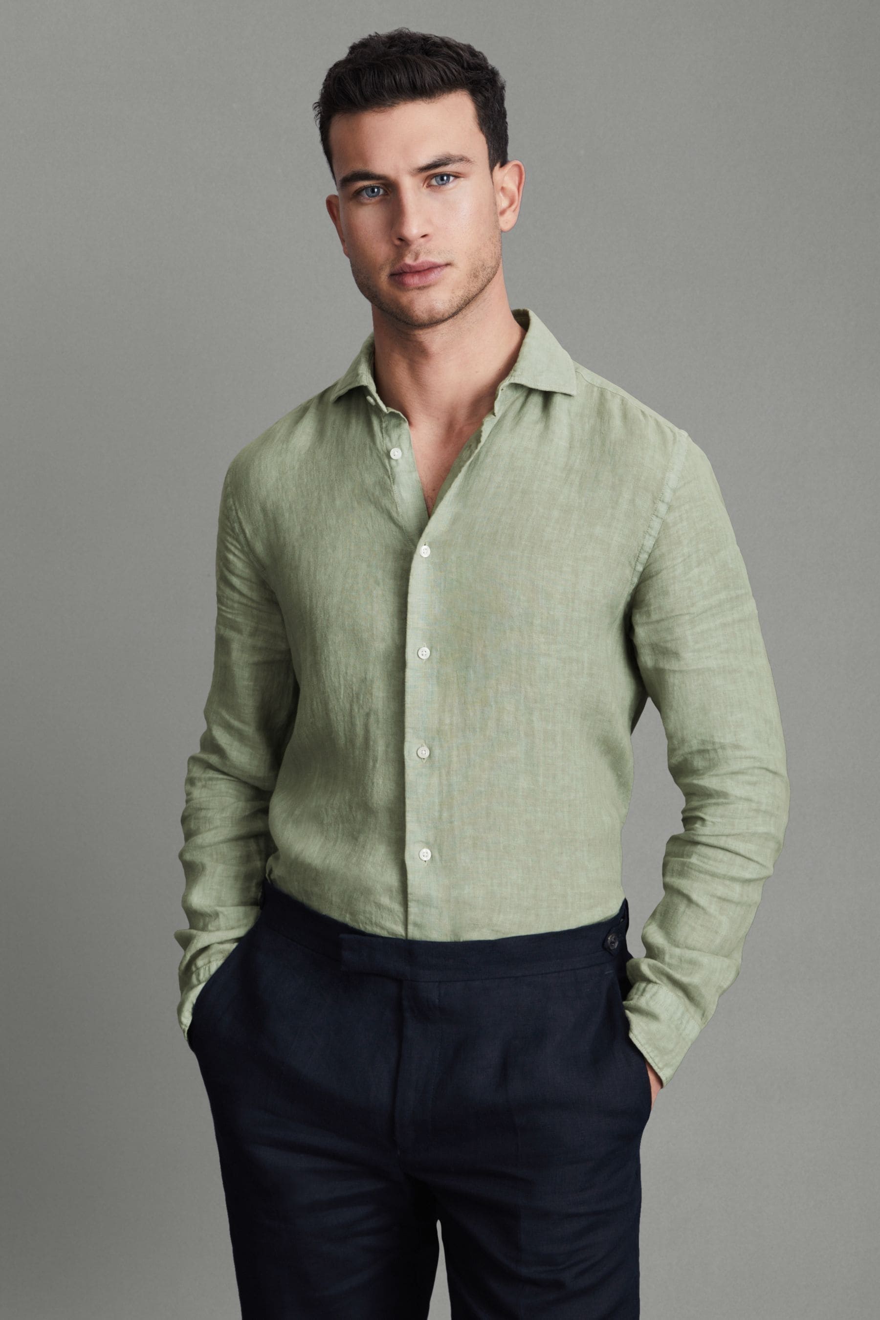 Reiss Pistachio Ruban Linen Button-through Shirt In Pistachio