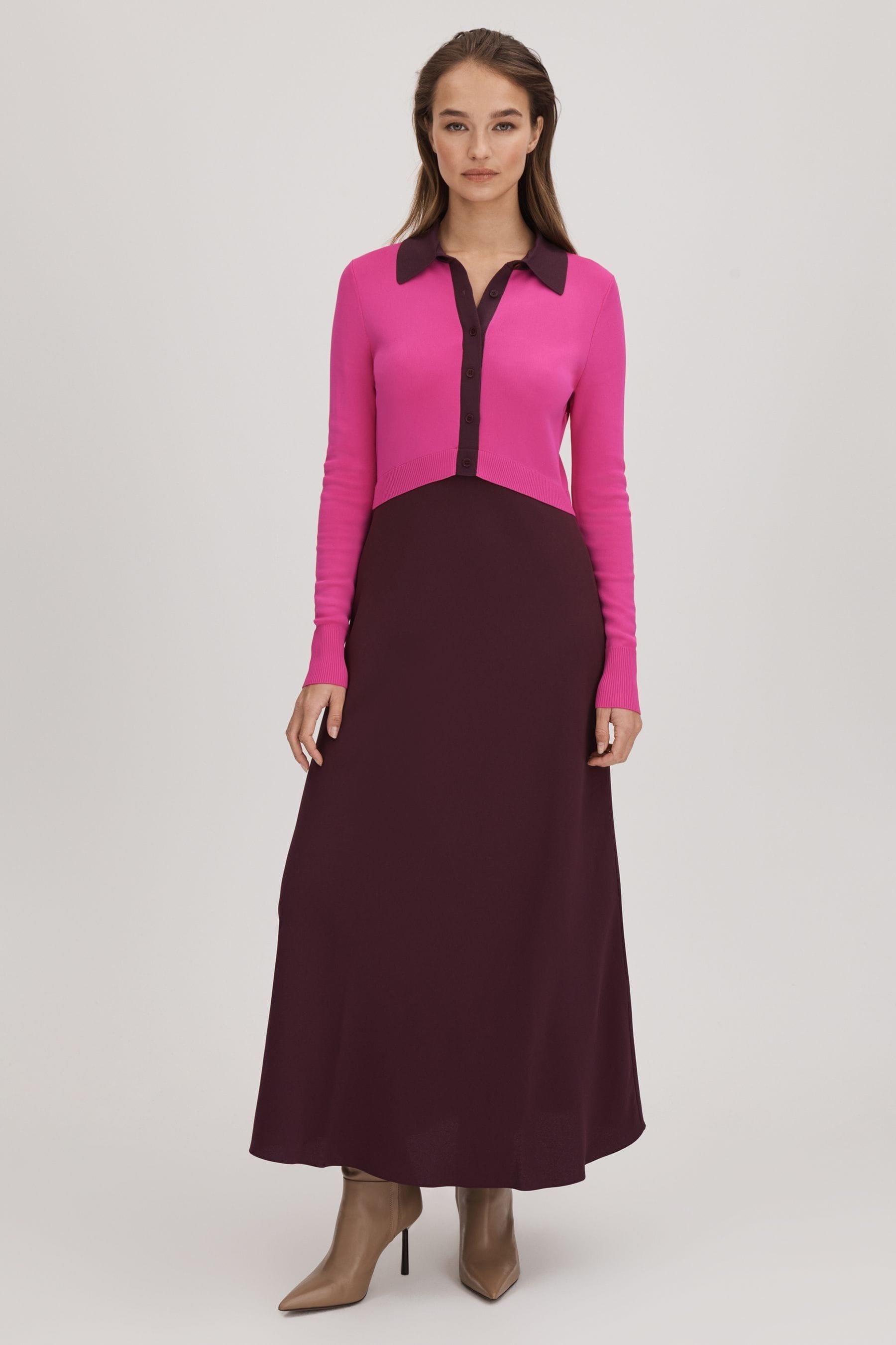 Florere Colourblock Midi Dress In Deep Pink/burgundy