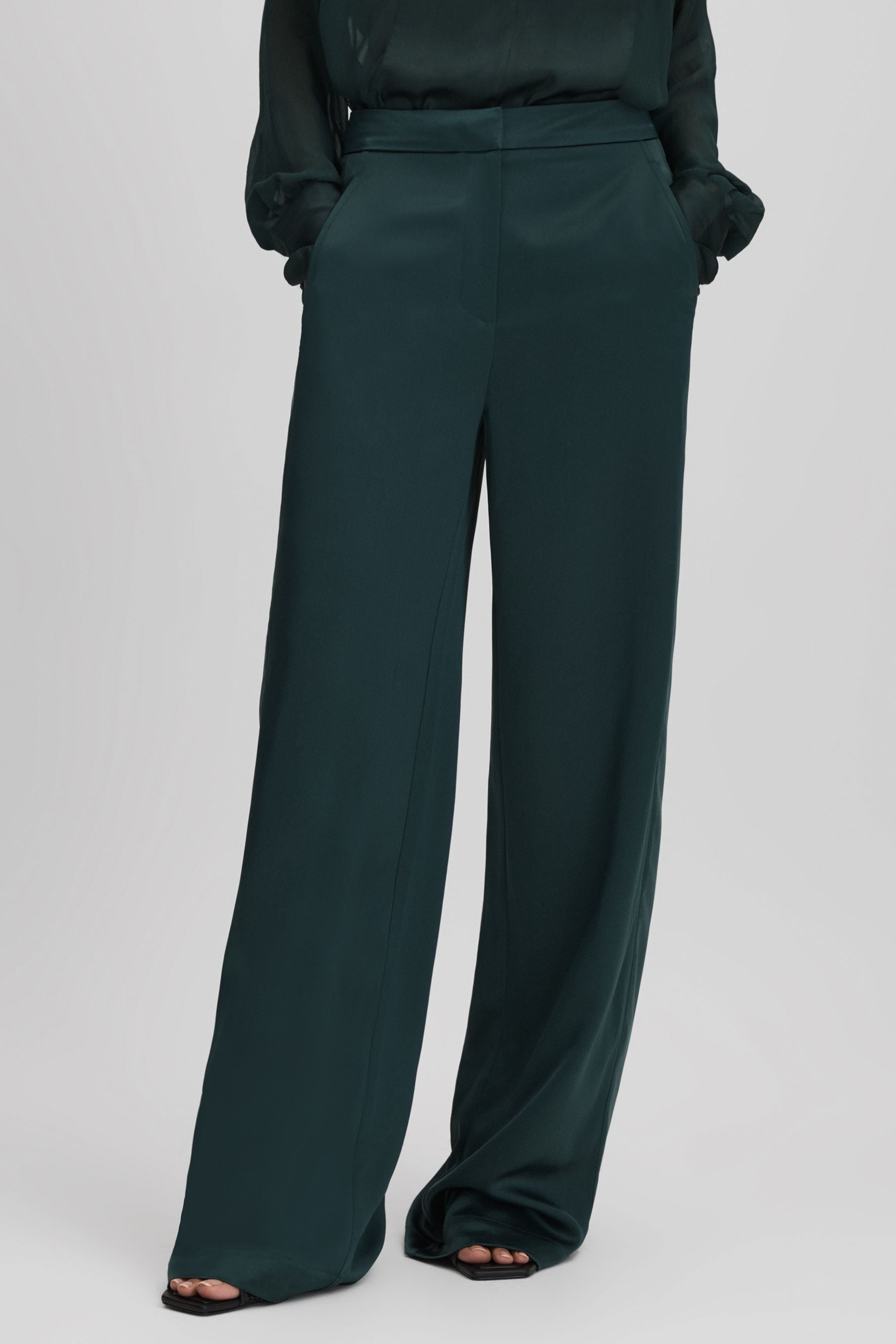 Reiss Lula Satin Wide Leg Pants In Green