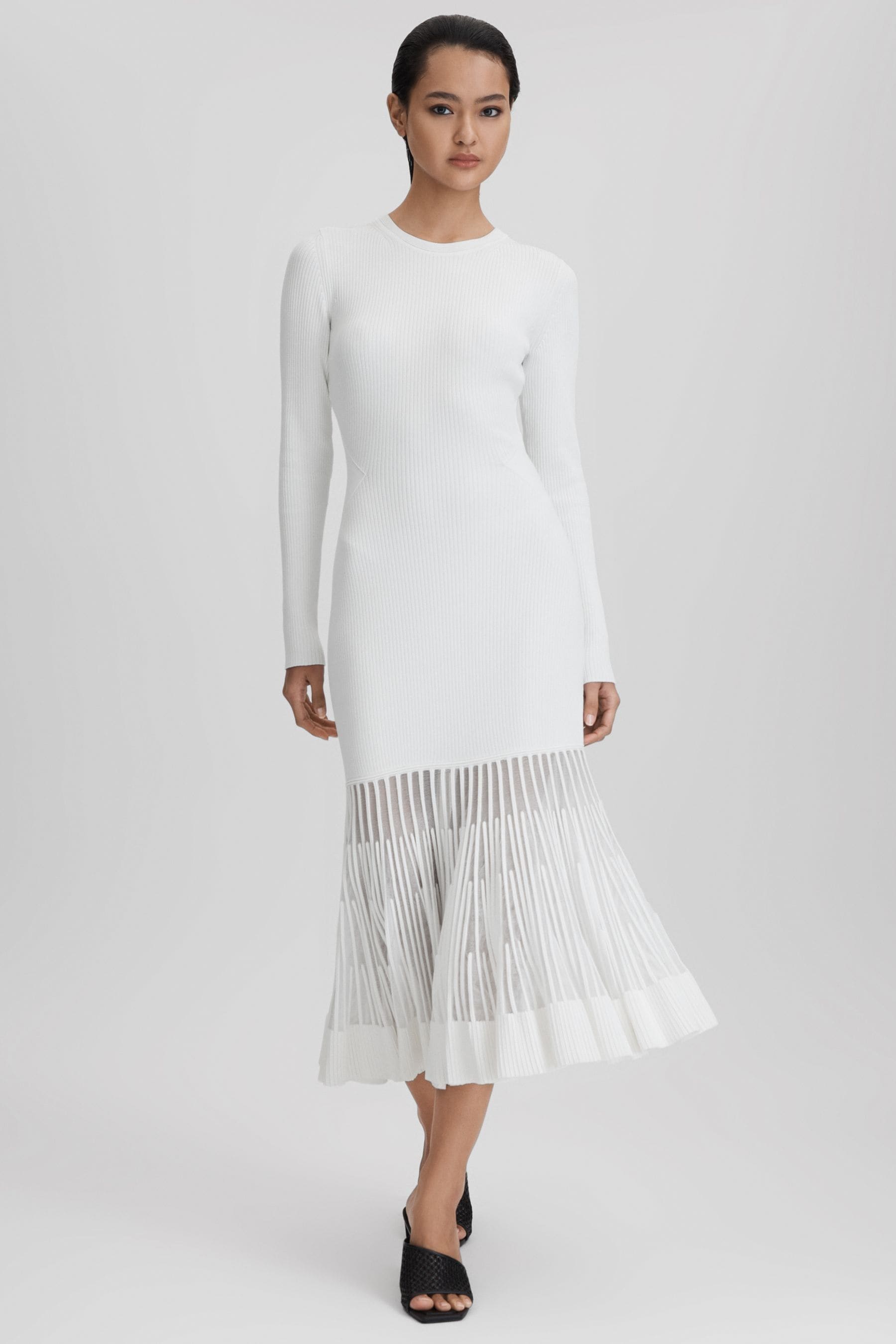 Shop Reiss Tasmin - Cream Knitted Sheer Flared Midi Dress, L