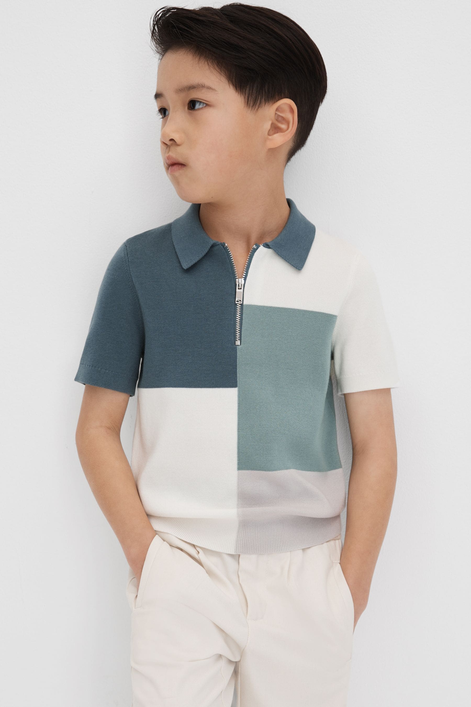 Reiss Kids' Delta - Sage Junior Colourblock Half-zip Polo Shirt, Age 8-9 Years