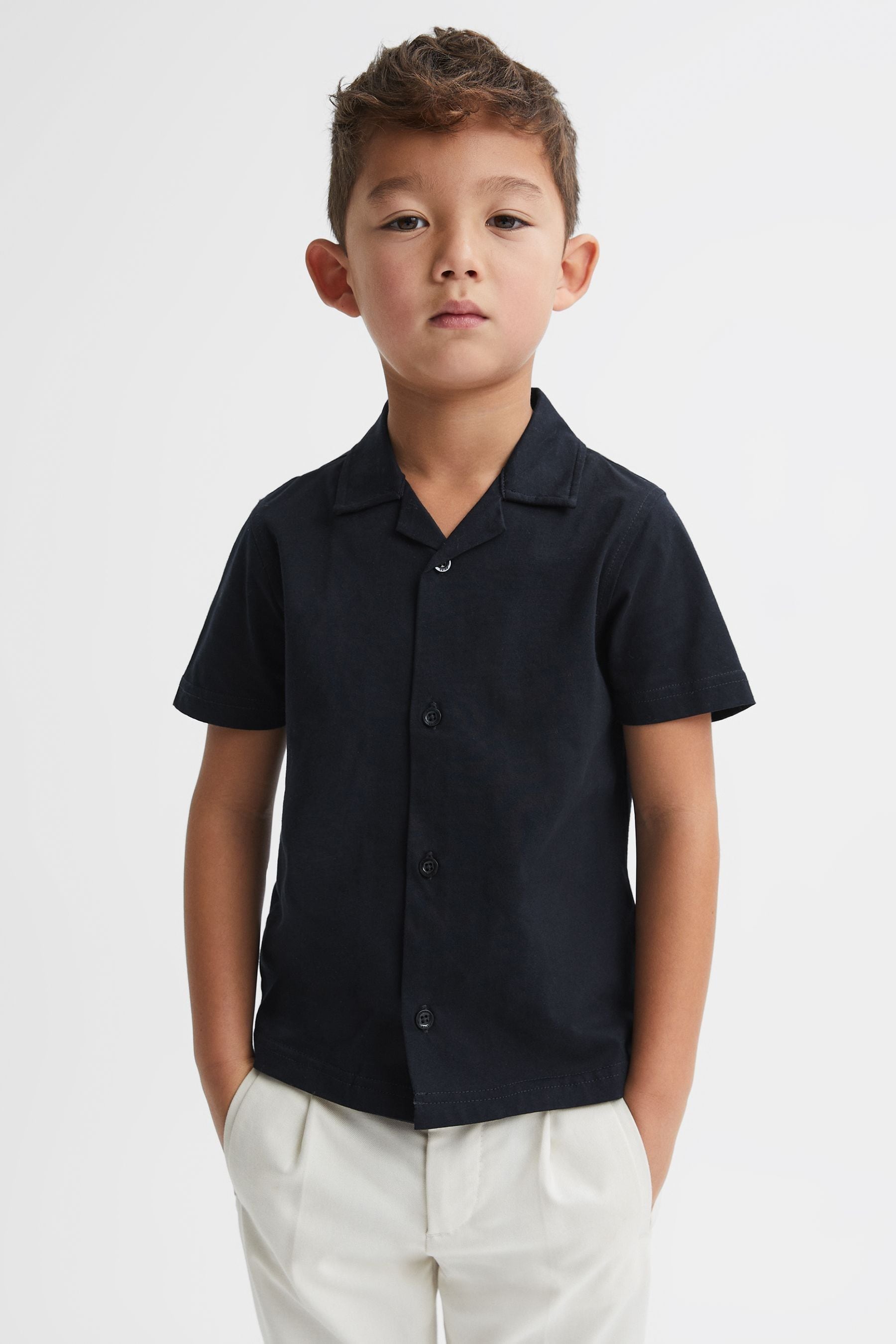 Reiss Kids' Caspa - Navy Cotton Cuban Collar Shirt, Uk 12-13 Yrs