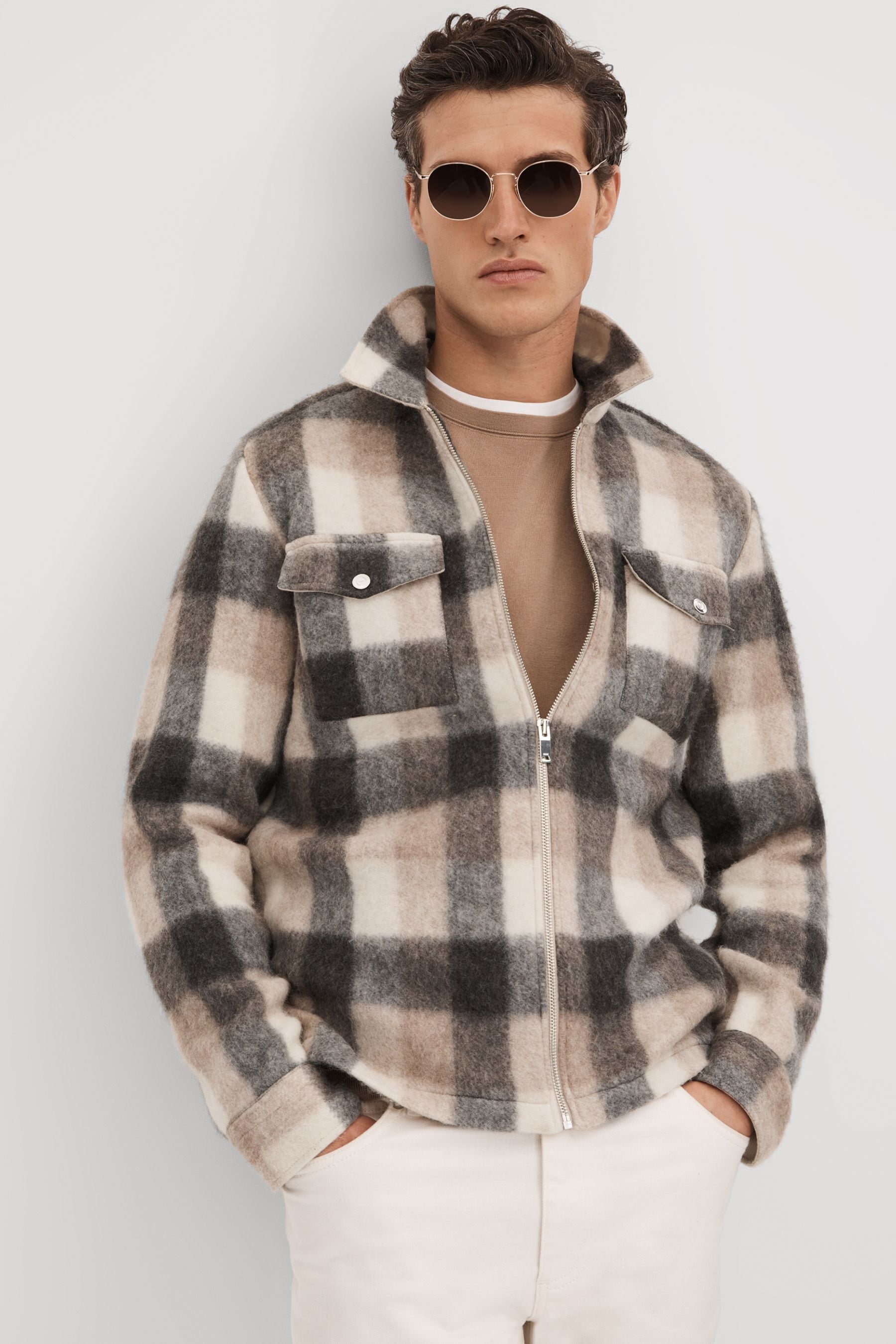 Reiss Oatmeal/grey Brushed Check Overshirt In Oatmeal/grey