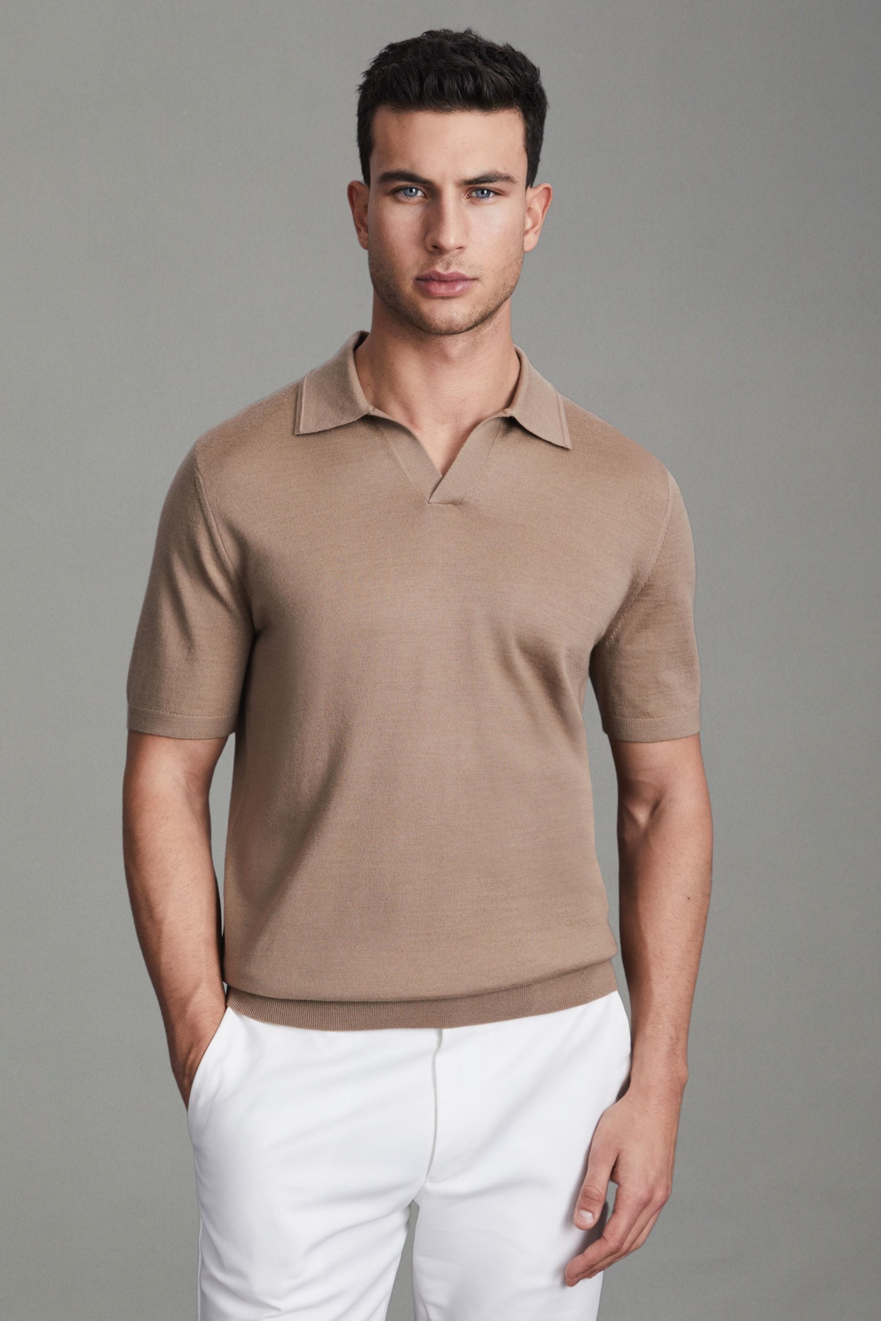 Shop Reiss Duchie - Camel Merino Wool Open Collar Polo Shirt, L