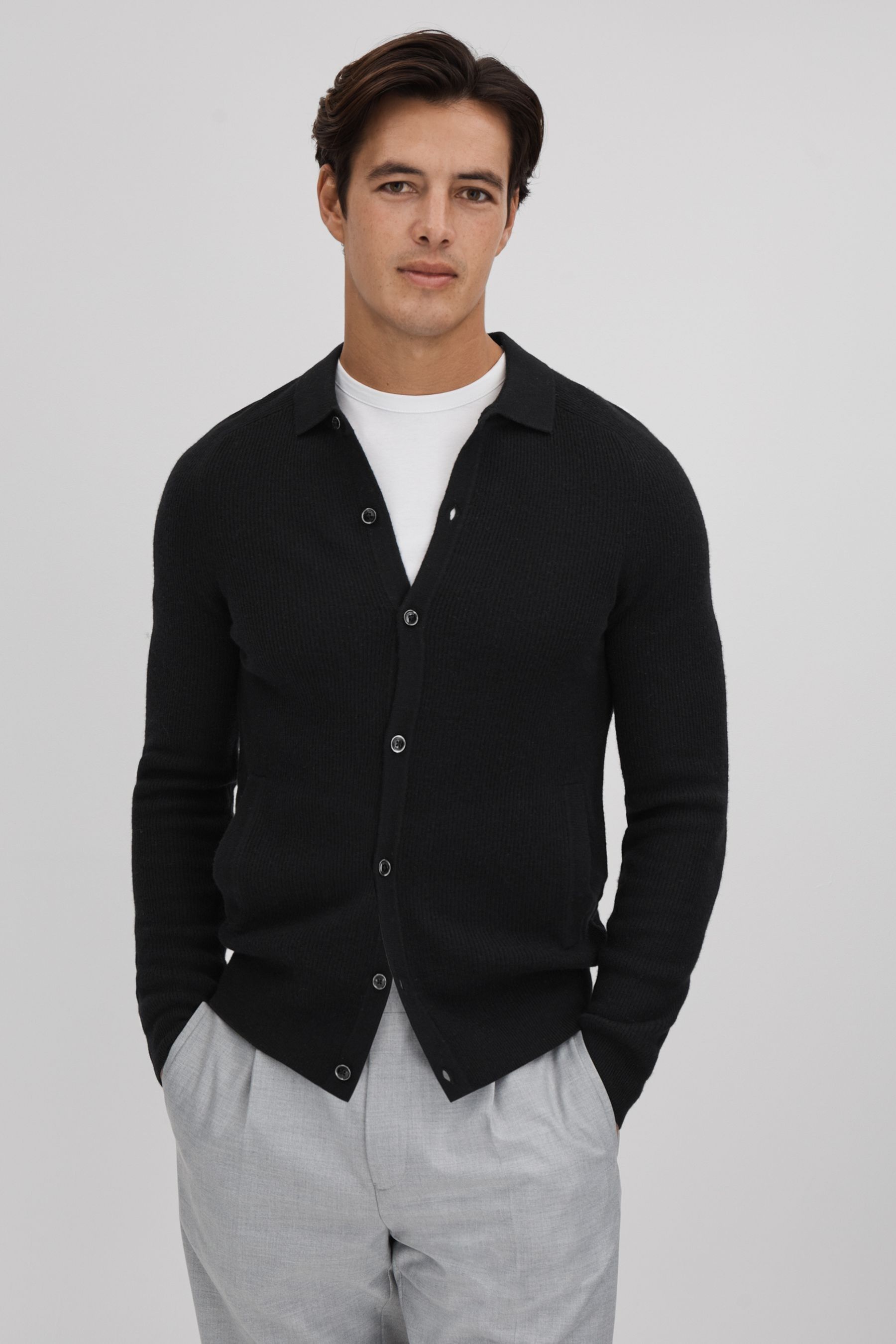 Reiss Kiedler - Black Ribbed Wool Cardigan, L