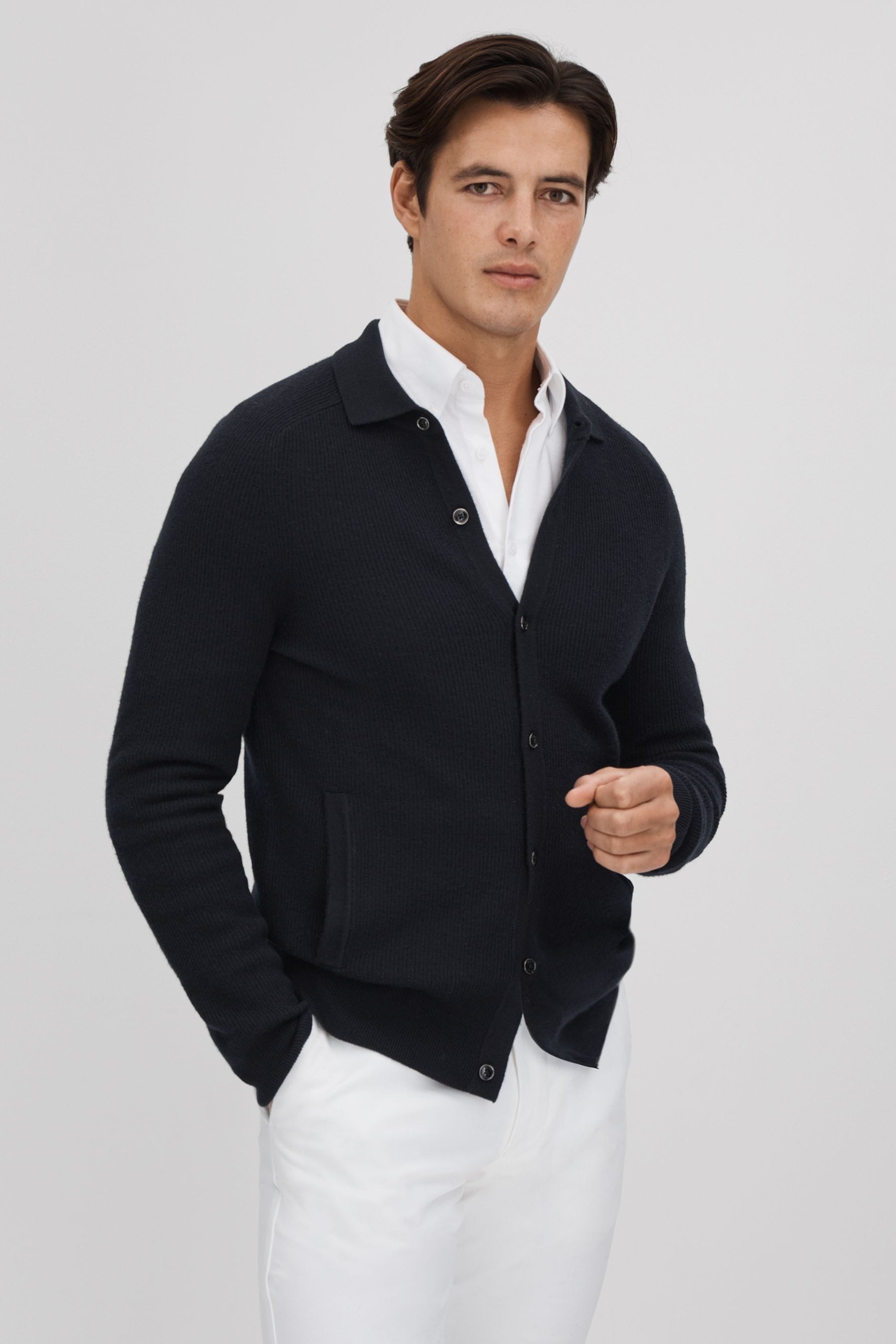 Reiss Kiedler Wool Regular Fit Polo Collar Cardigan In Navy