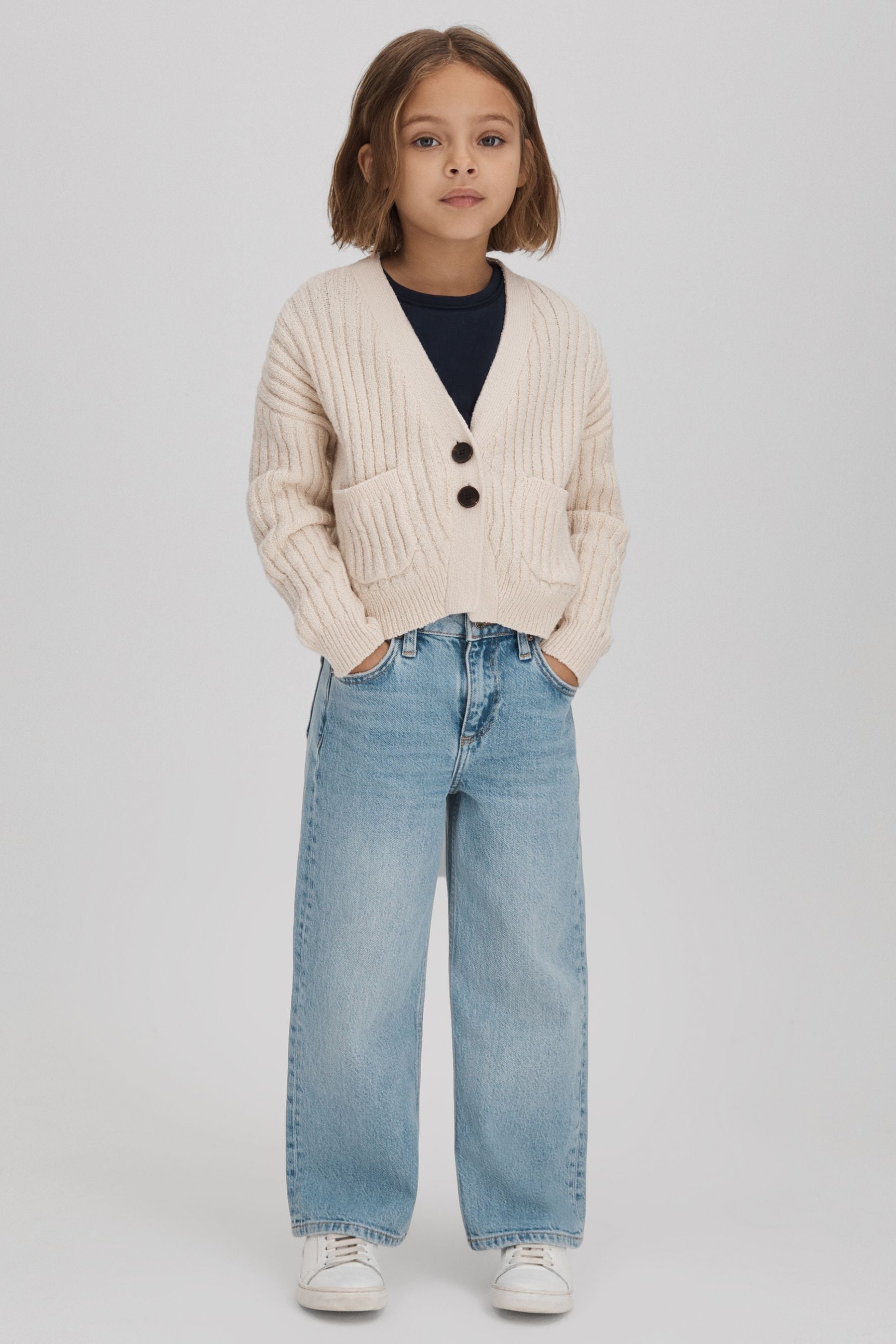 Reiss Anabelle Cardigan Cotton Knitted, Cream Size: 12