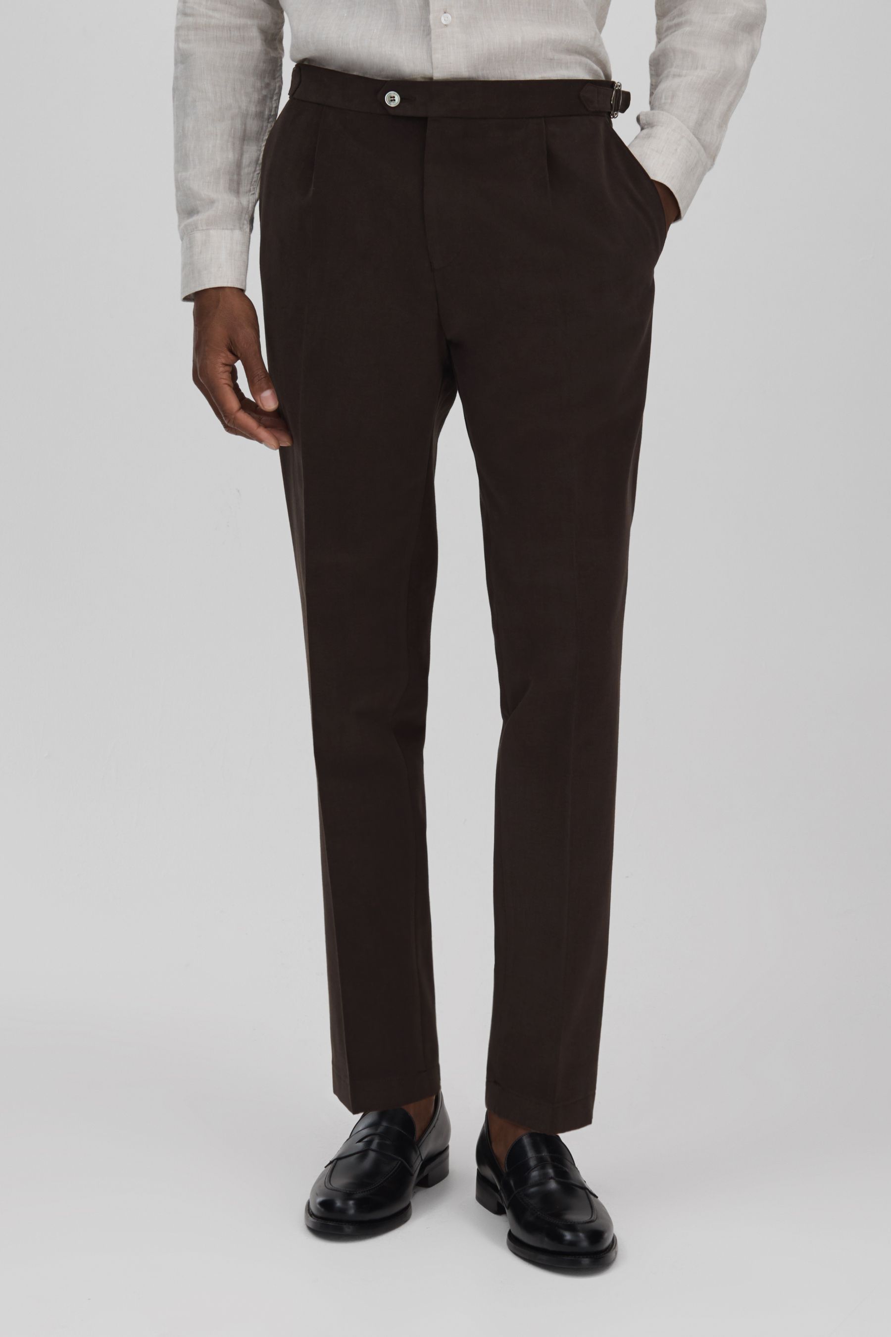 Shop Oscar Jacobson Slim Fit Adjustable Cotton Trousers In Dark Brown