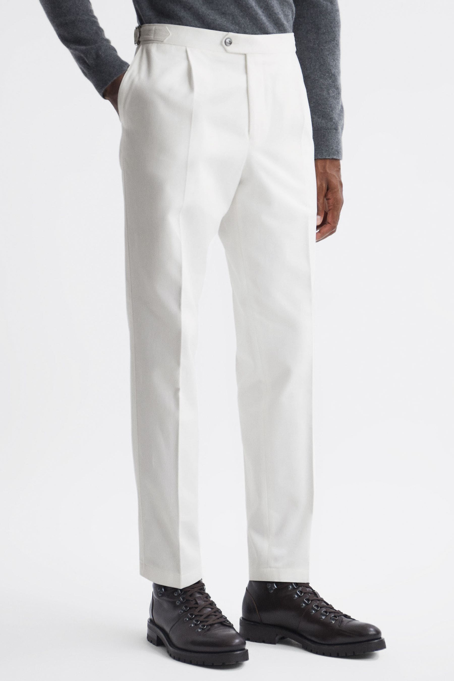 Oscar Jacobson Slim Fit Adjustable Cotton Trousers In Snow White