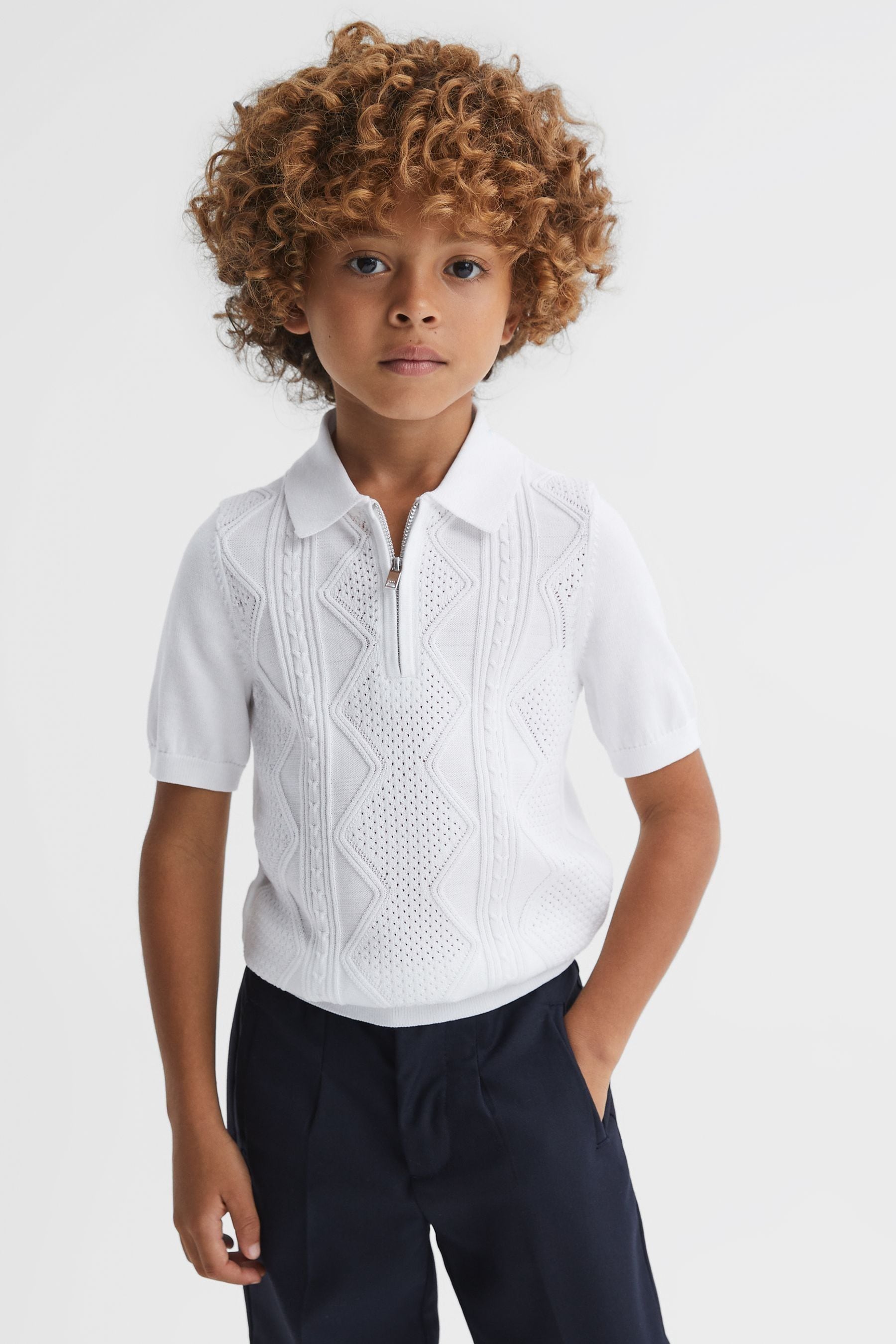 Reiss Tropic - White Teen Cotton Half-zip Polo Shirt, 13 - 14 Years