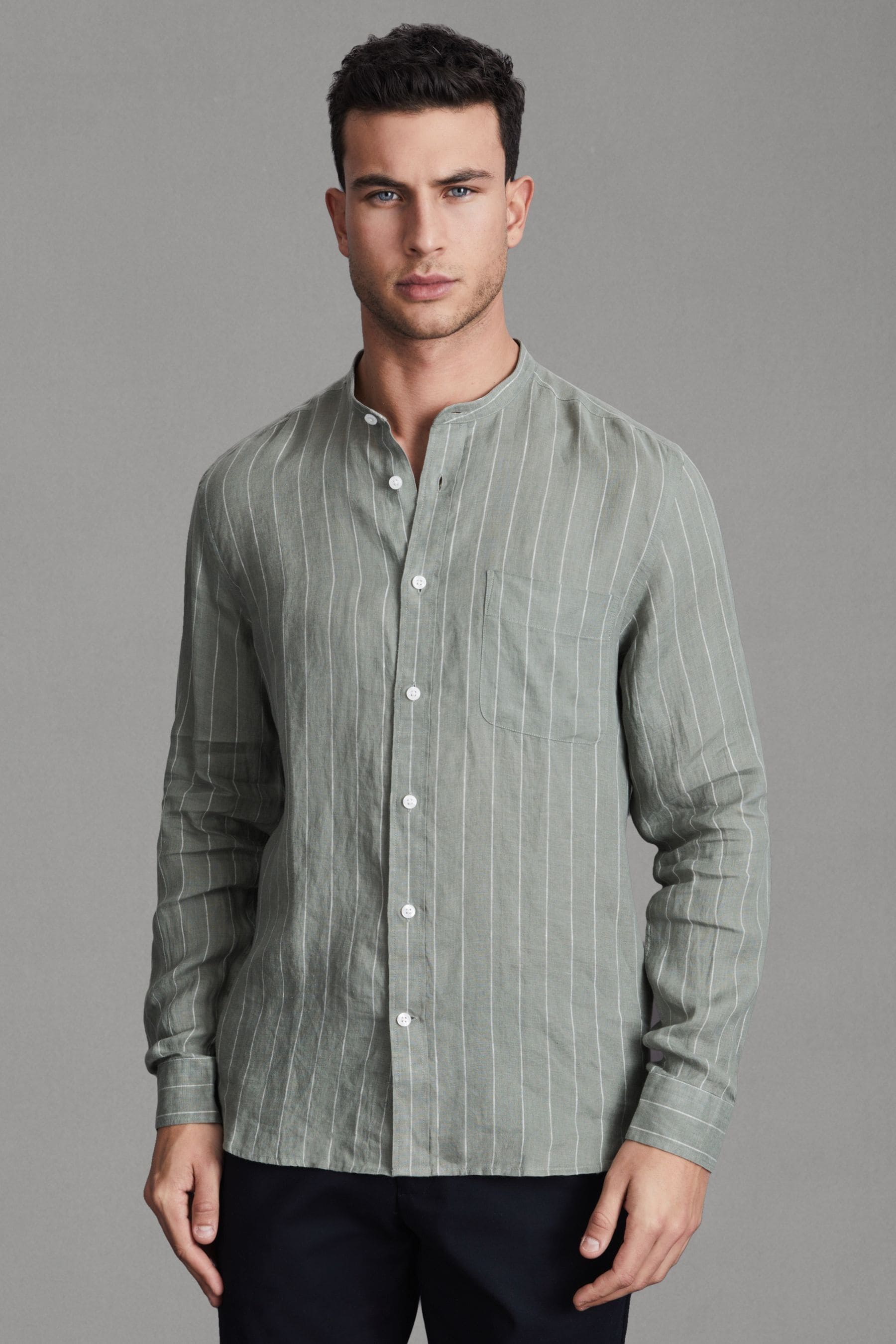 Ocean - Sage Stripe Linen Grandad Collar Shirt
