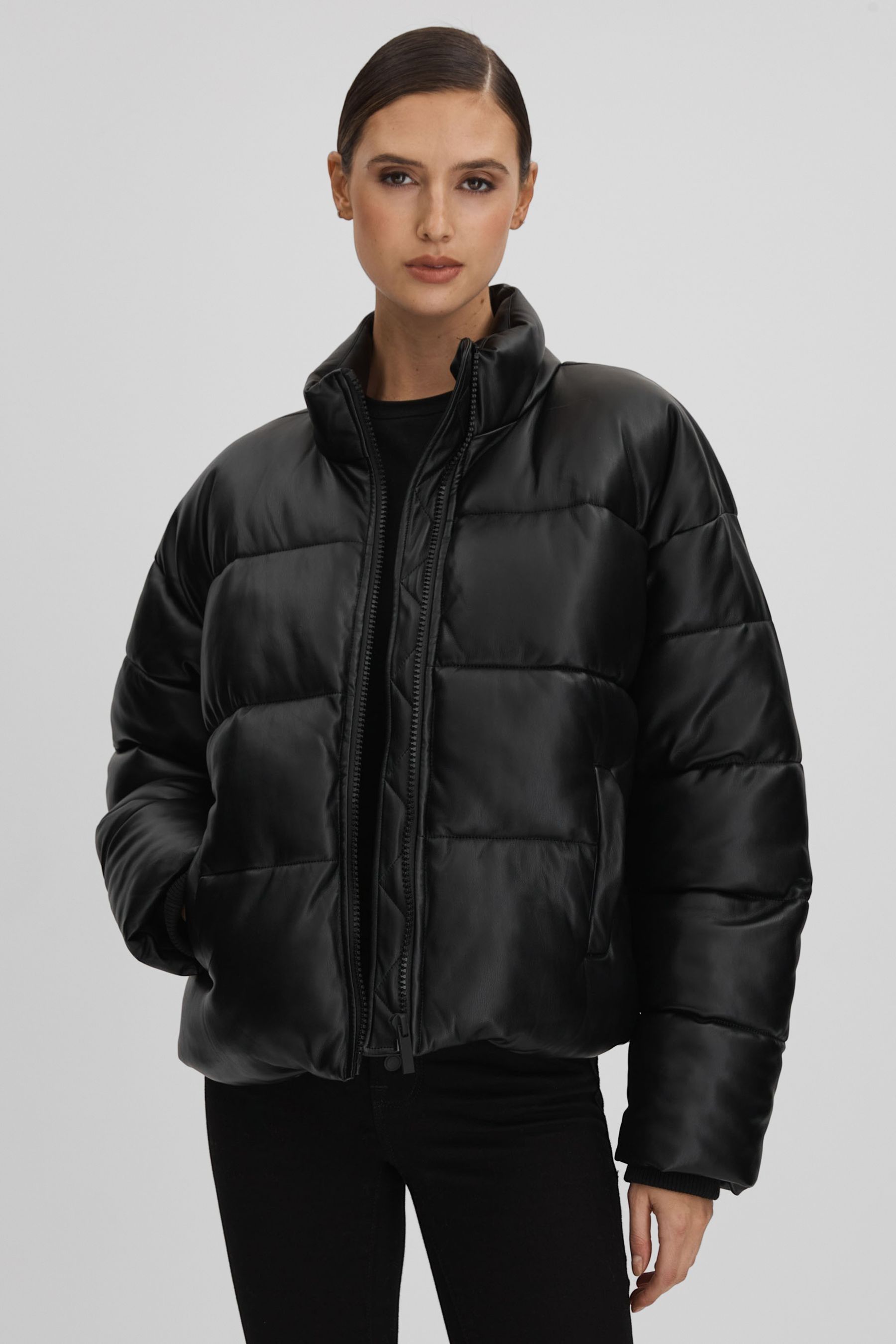 Good American Black  Faux Leather Puffer Jacket