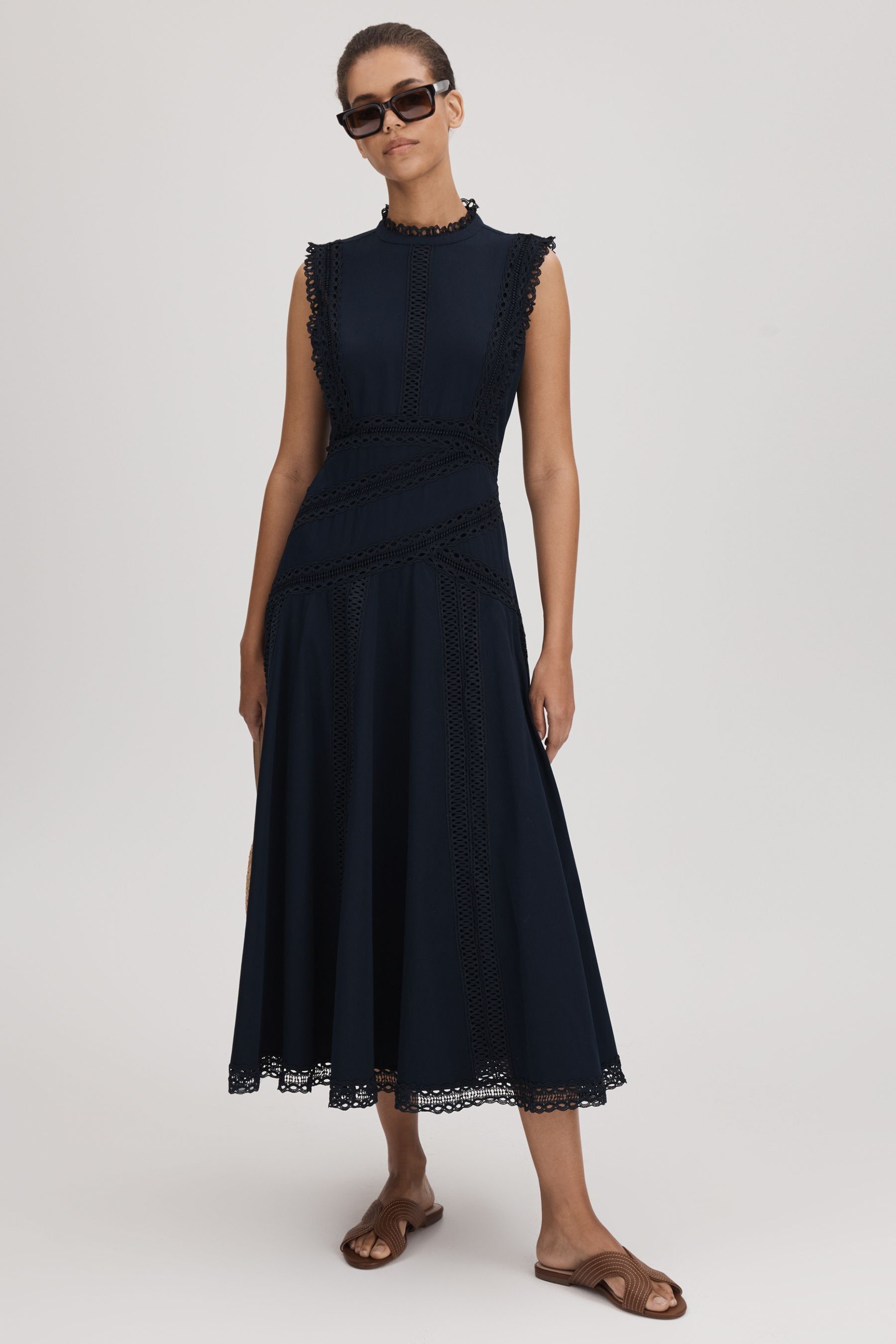 Florere Cotton Lace Midi Dress In Navy