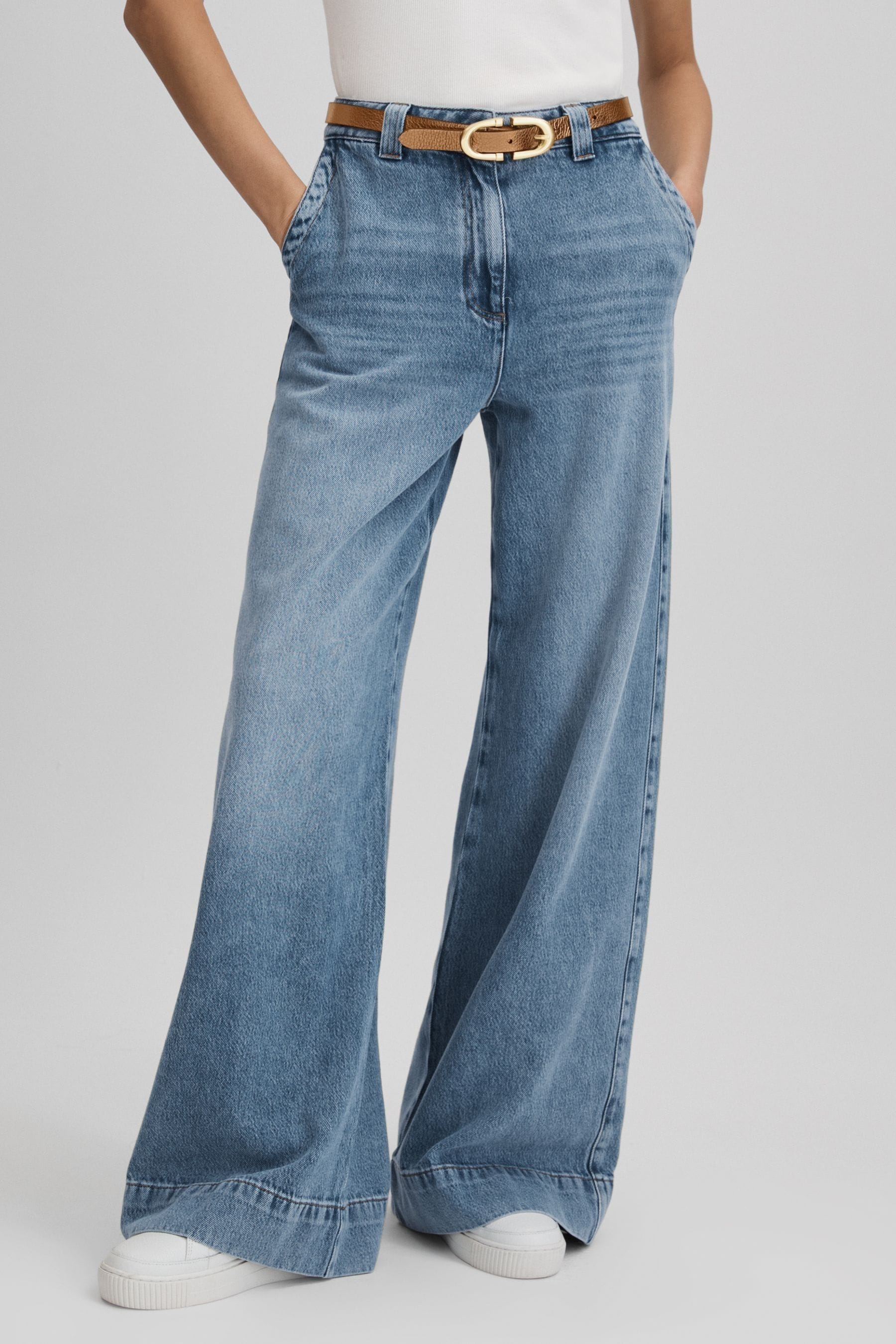 Reiss Olivia - Light Blue Wide Leg Contrast Stitch Jeans, Uk 24 R