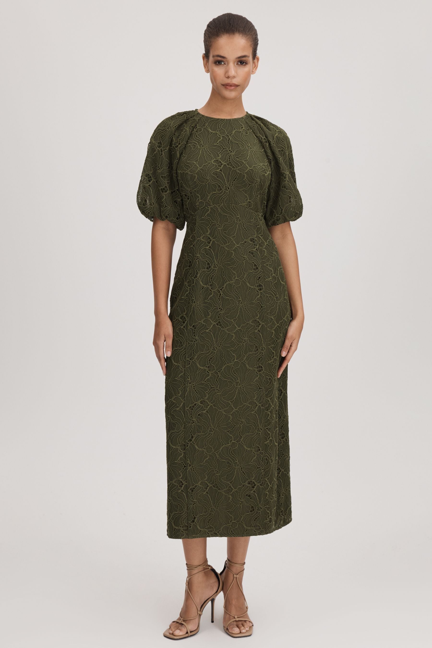 Shop Florere Lace Puff Sleeve Midi Dress In Dark Khaki