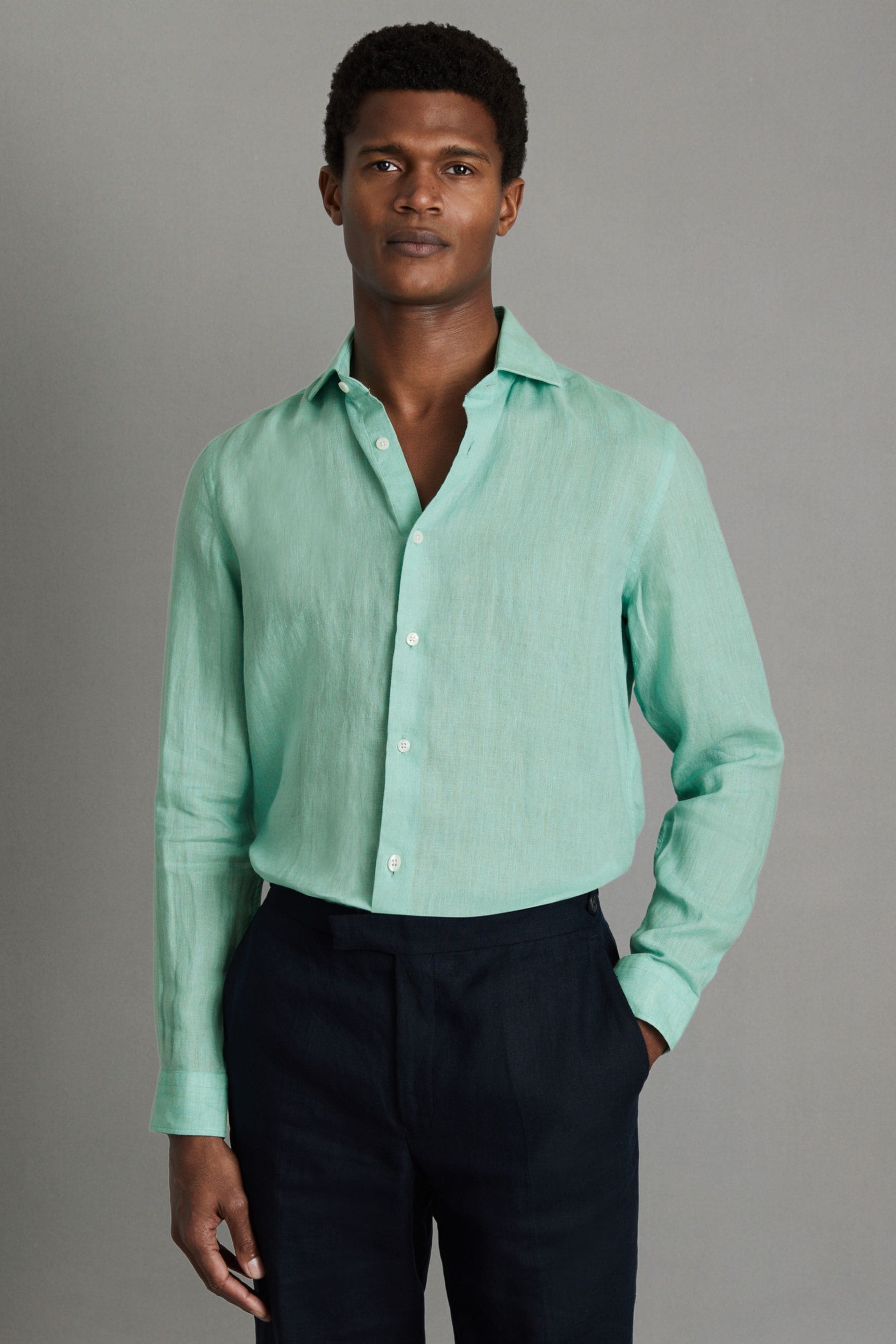 Reiss Ruban - Bermuda Green Linen Button-through Shirt, Xl