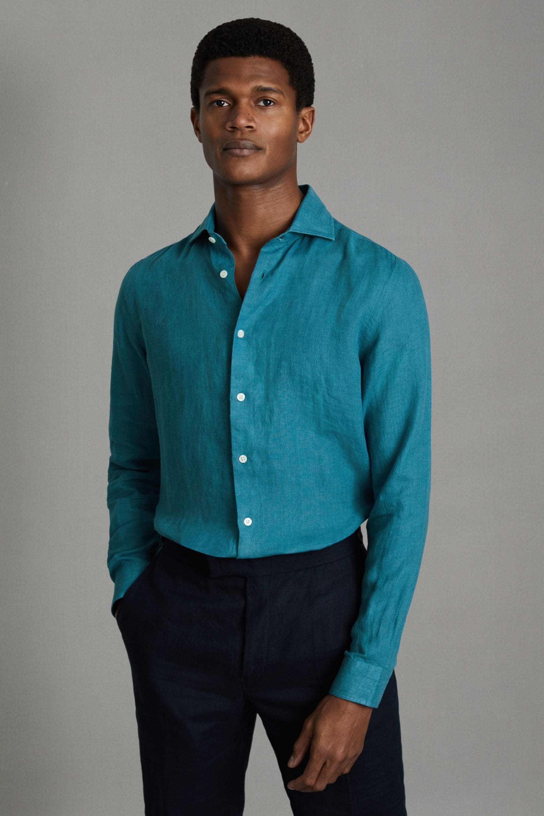 Reiss Ruban - Teal Blue Linen Button-through Shirt, L