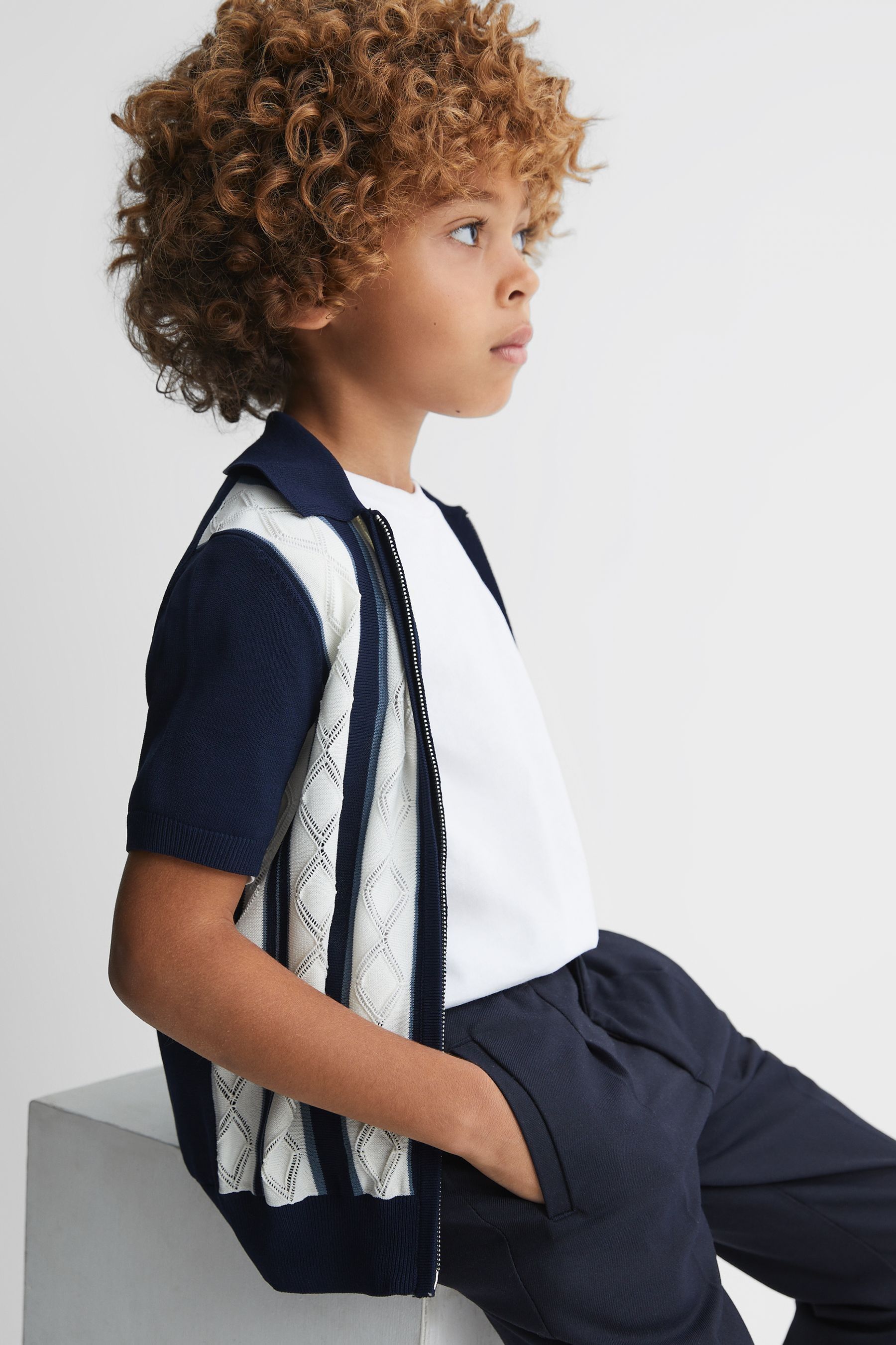 Reiss Selwood - Navy/white Junior Colourblock Zip-through Shirt, Uk 7-8 Yrs