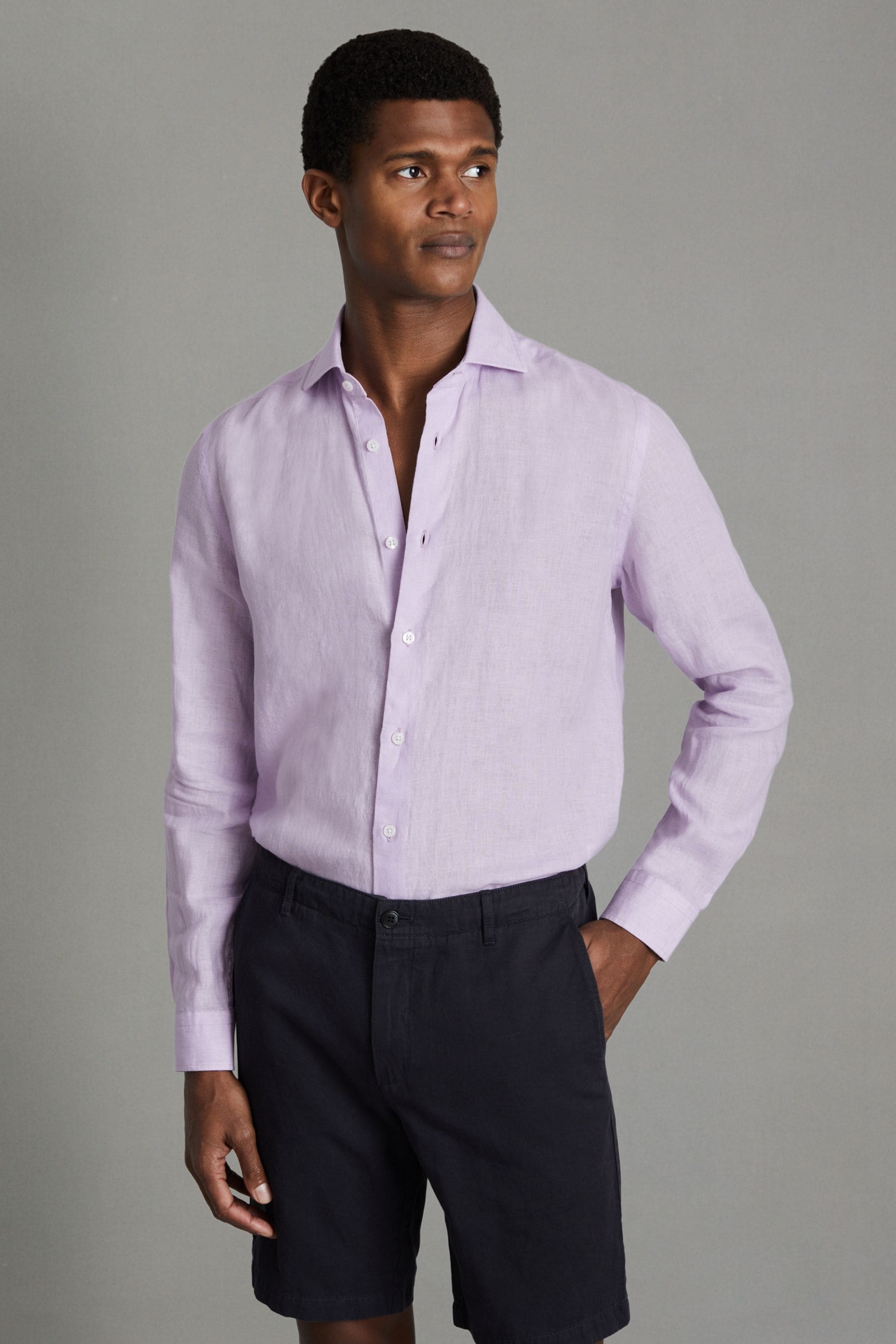Reiss Ruban Long Sleeve Button Front Linen Shirt In Orchid