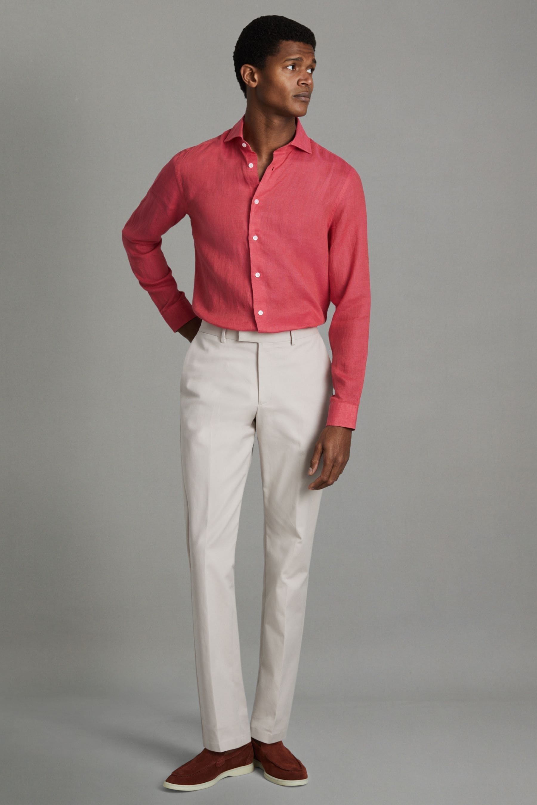 Reiss Ruban - Coral Linen Button-through Shirt, M