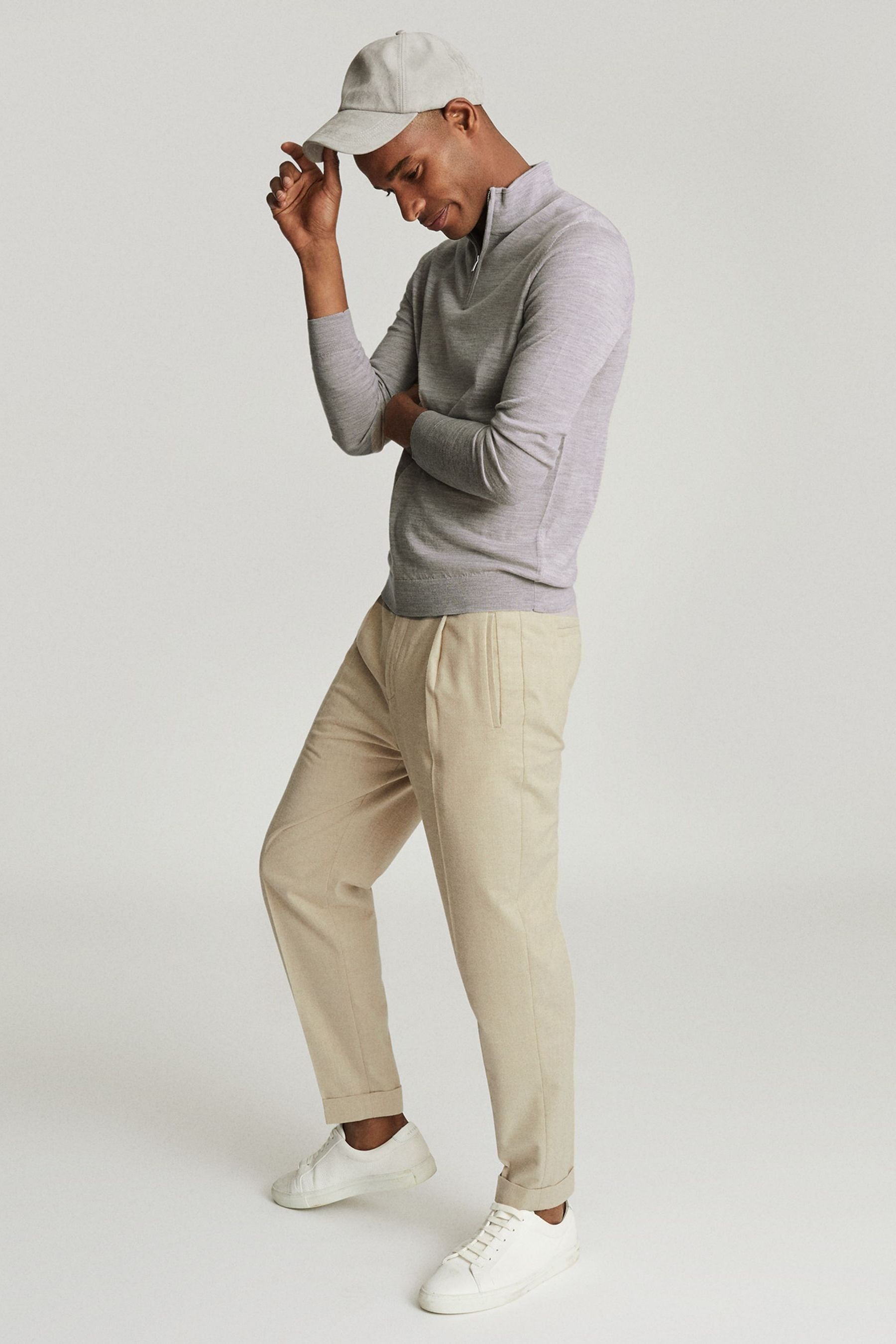 Reiss Blackhall Merino Wool Slim Fit Quarter Zip Mock Neck Sweater In Putty Mouline