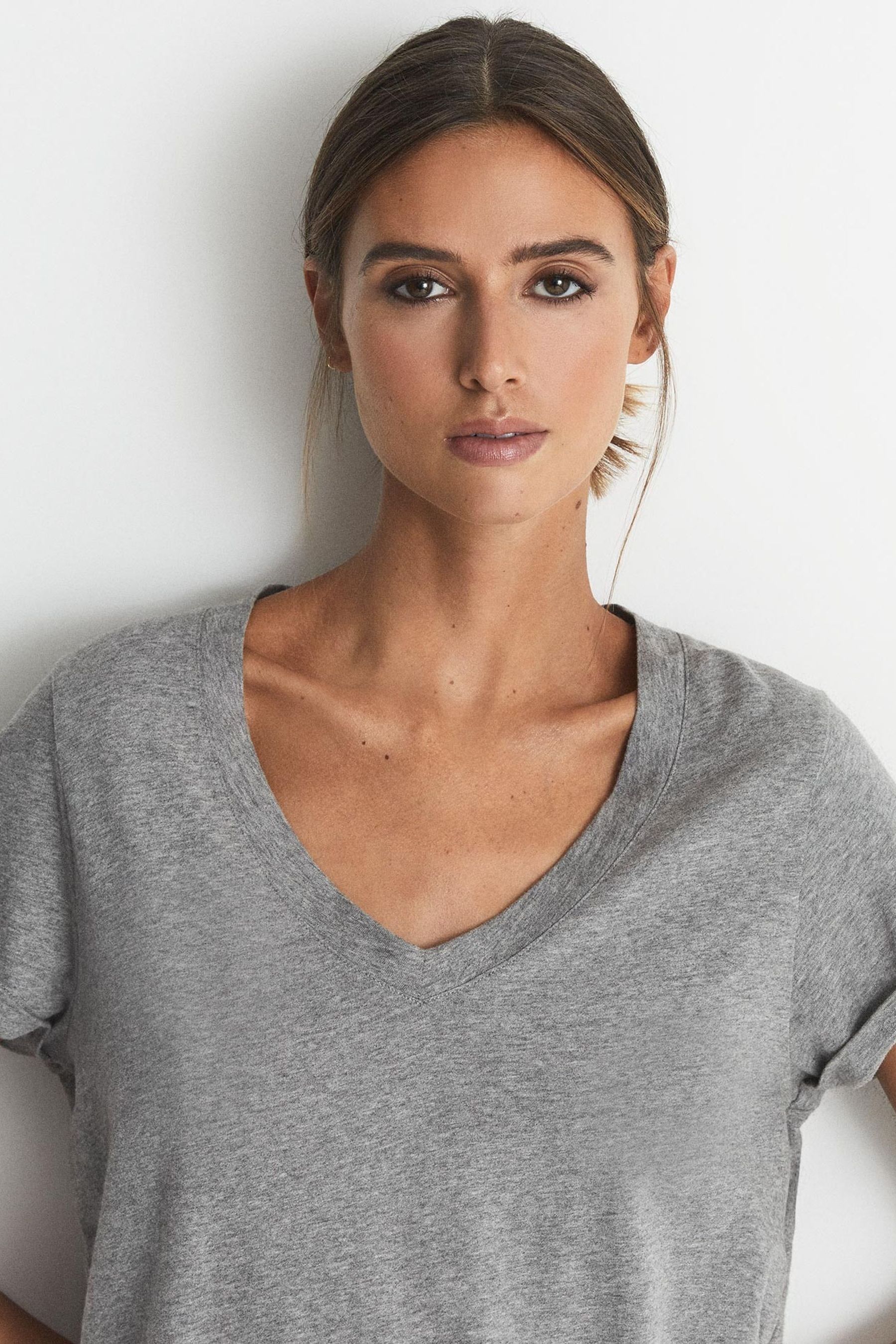 Reiss Grey Marl Cotton-jersey V-neck T-shirt, S
