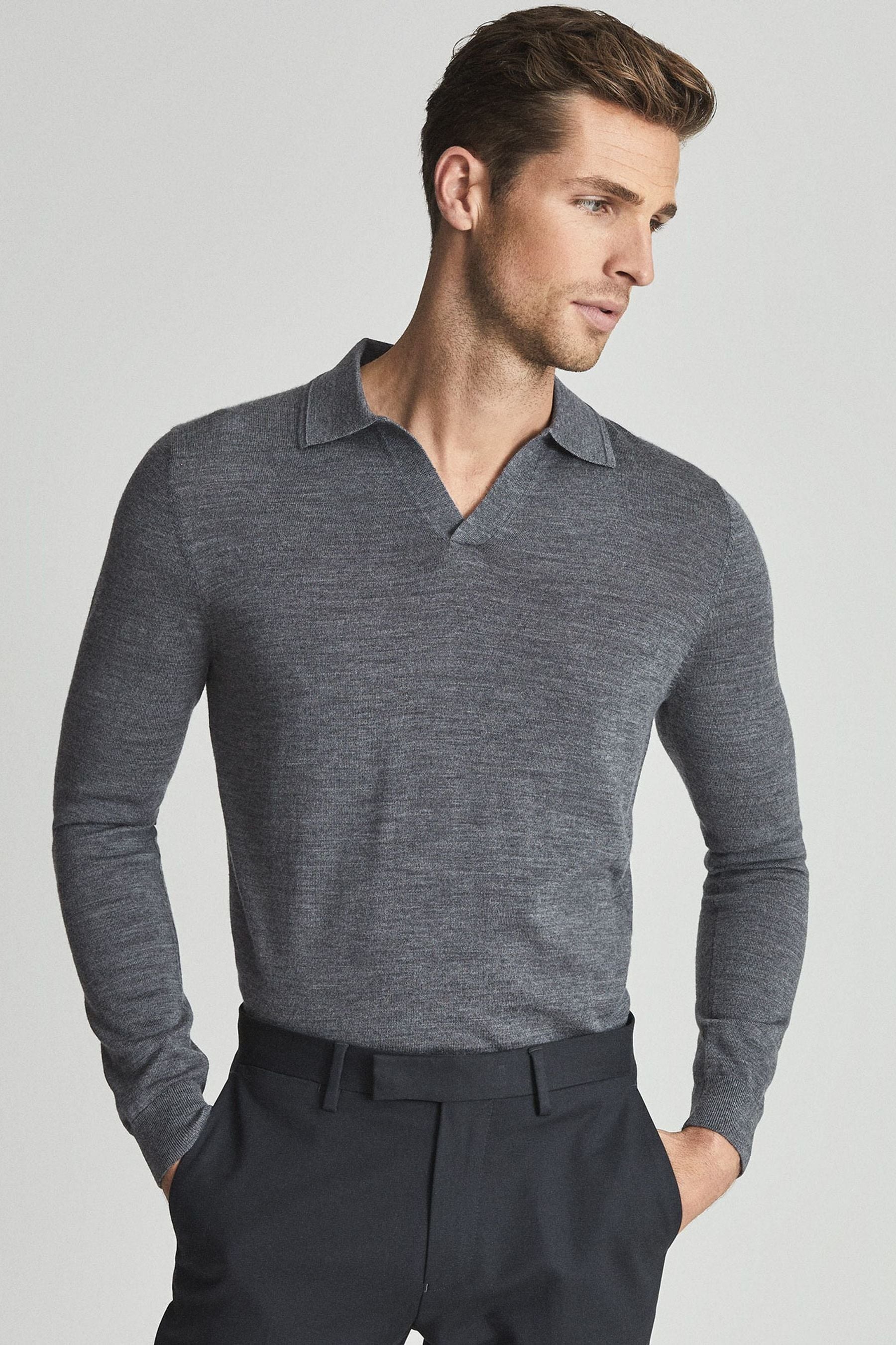 Reiss Milburn Polo Shirt Wool Textured, Mid Grey Melange Size: XL