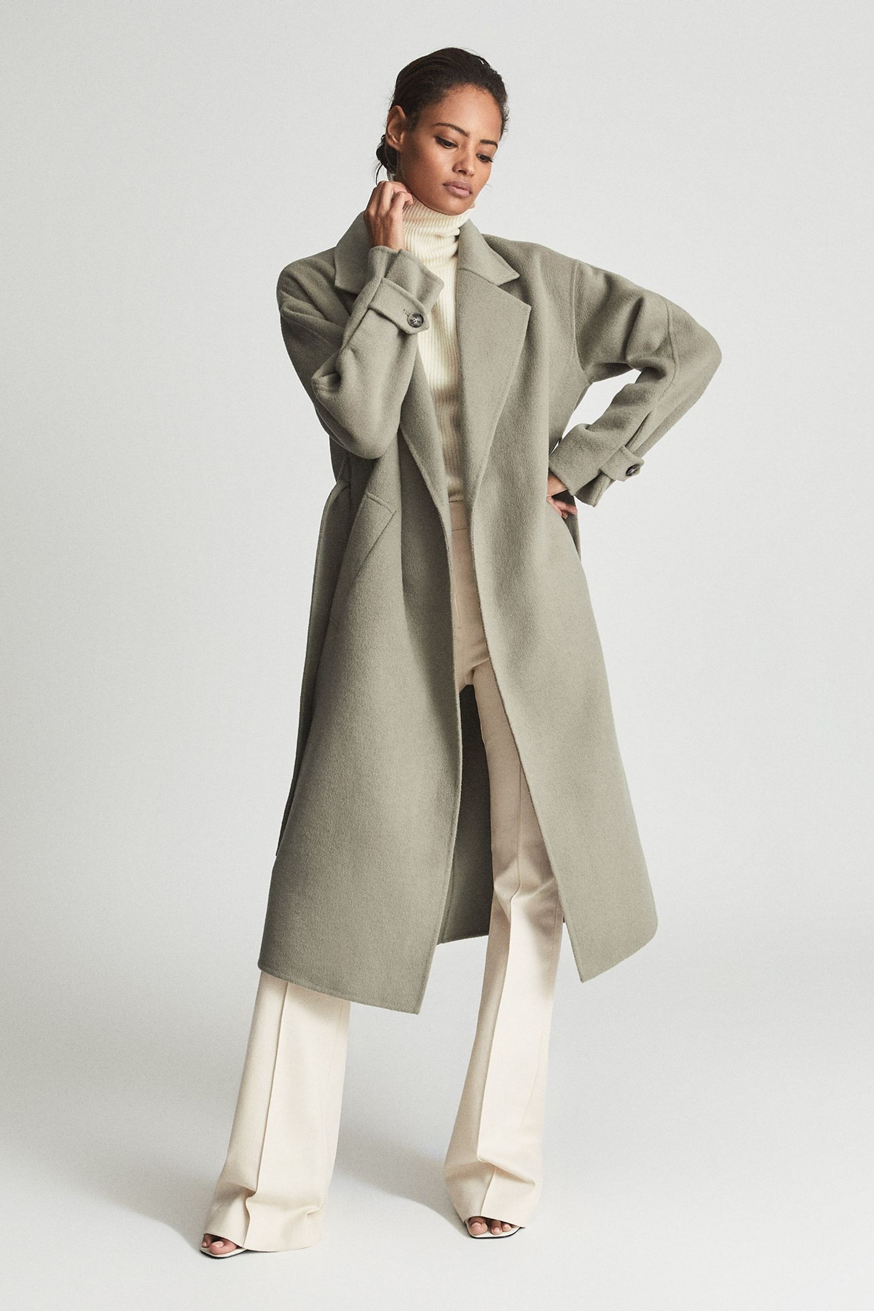 Reiss Khaki Green Wool Blend Oversized Overcoat, 14