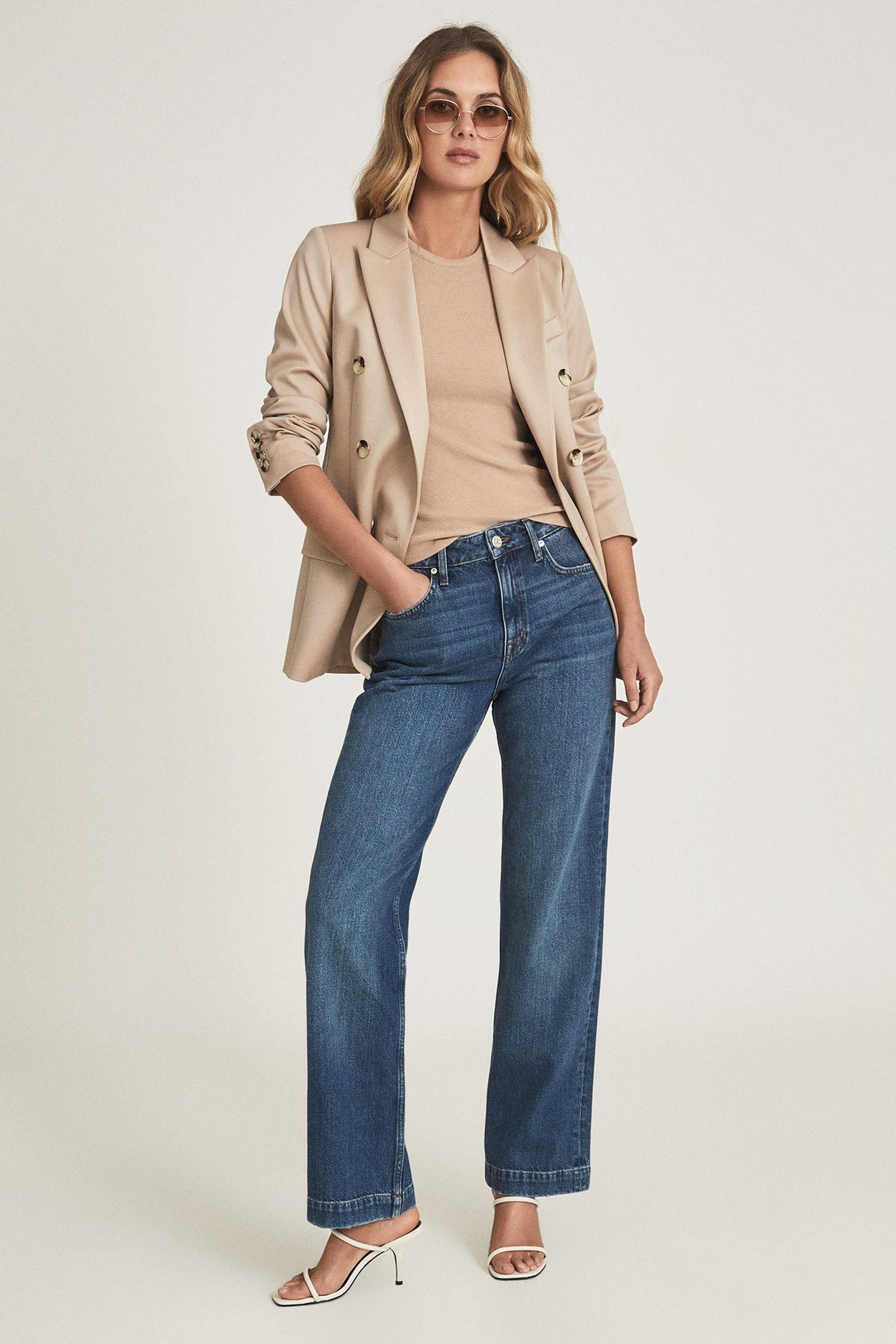 Reiss Adele Wide Leg Jeans Cotton Plain, Blue Size: 24R