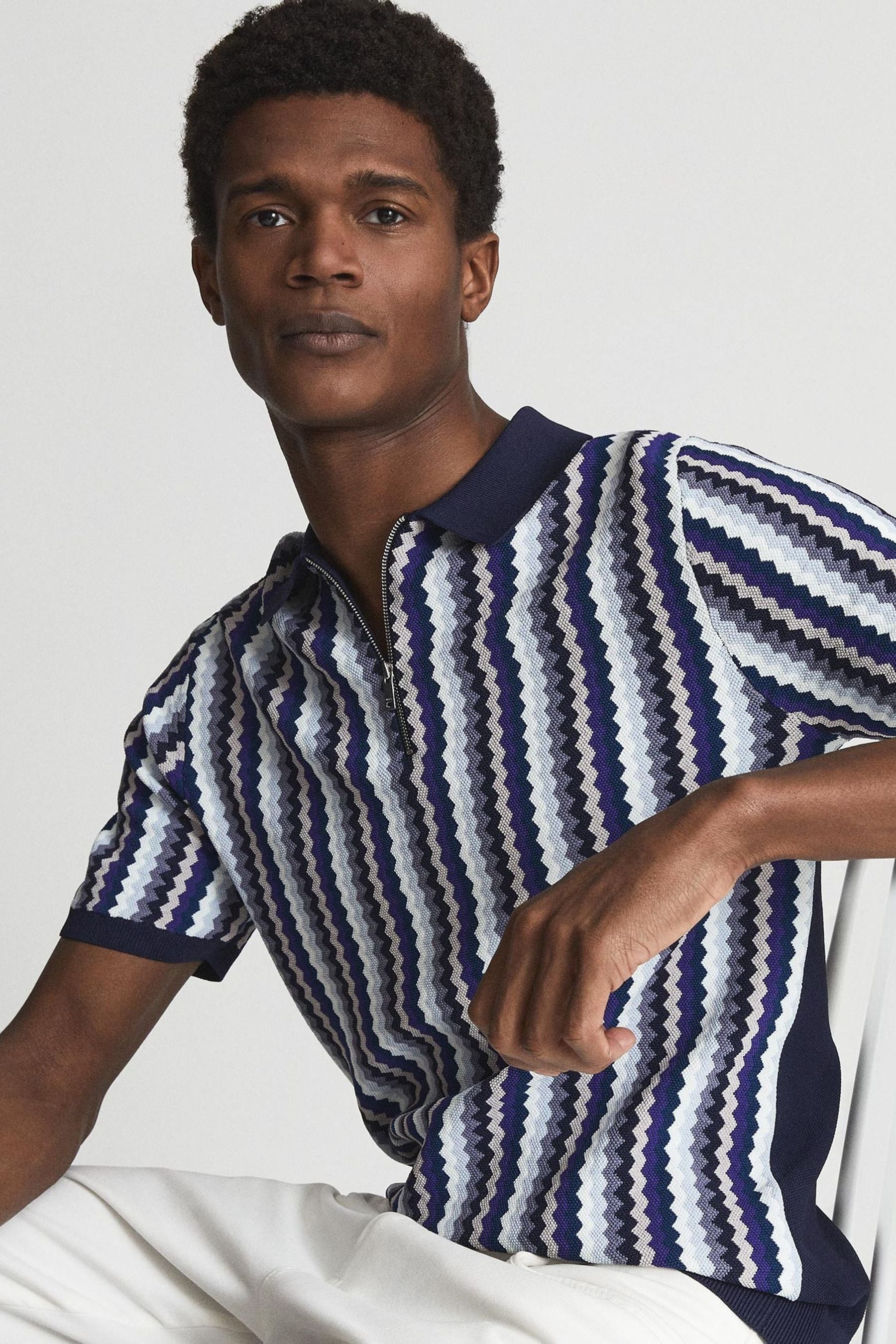 Reiss Blanco Half Zip Geo Striped Polo 