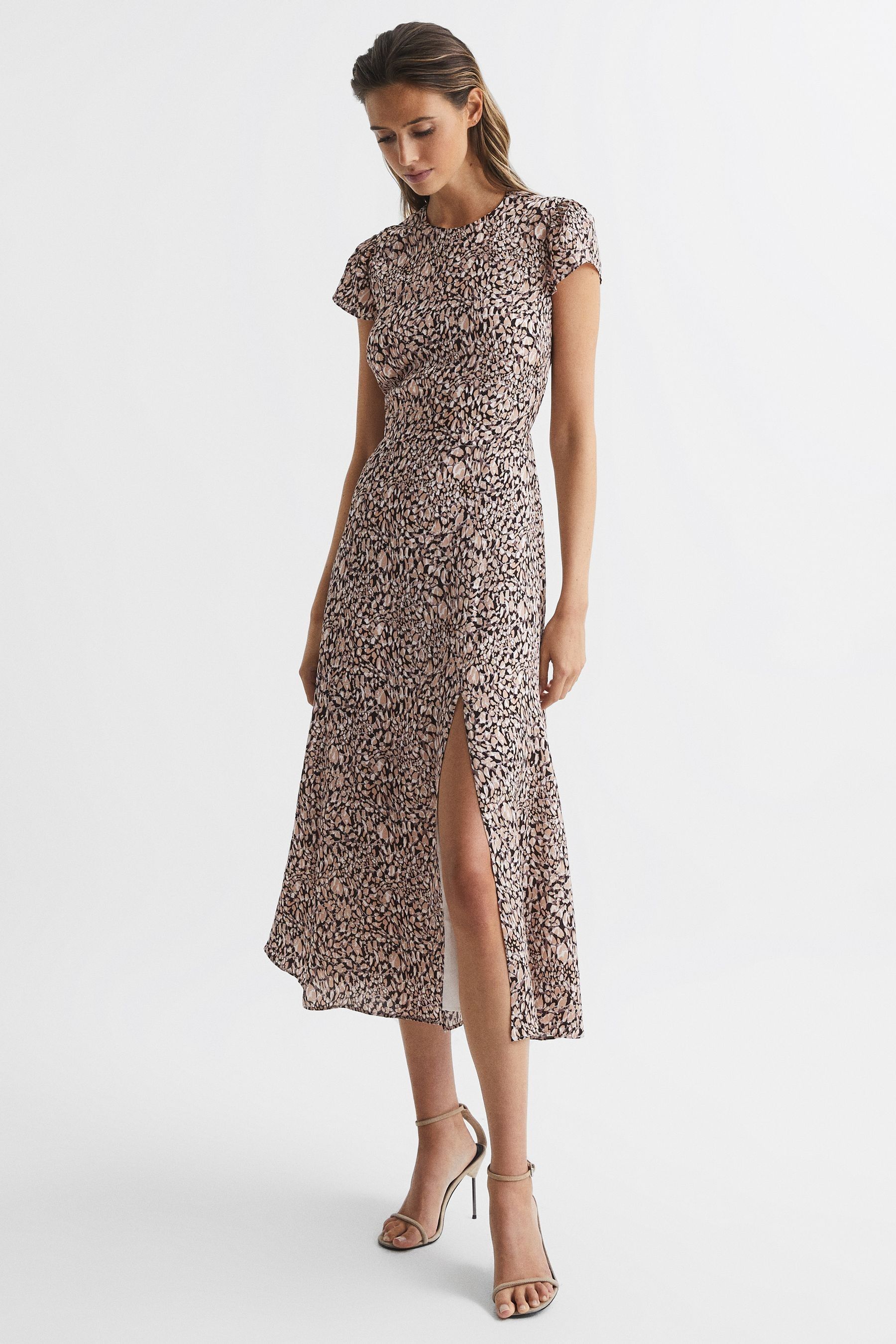 Reiss Livia - Brown Printed Cut Out Back Midi Dress, Us 10