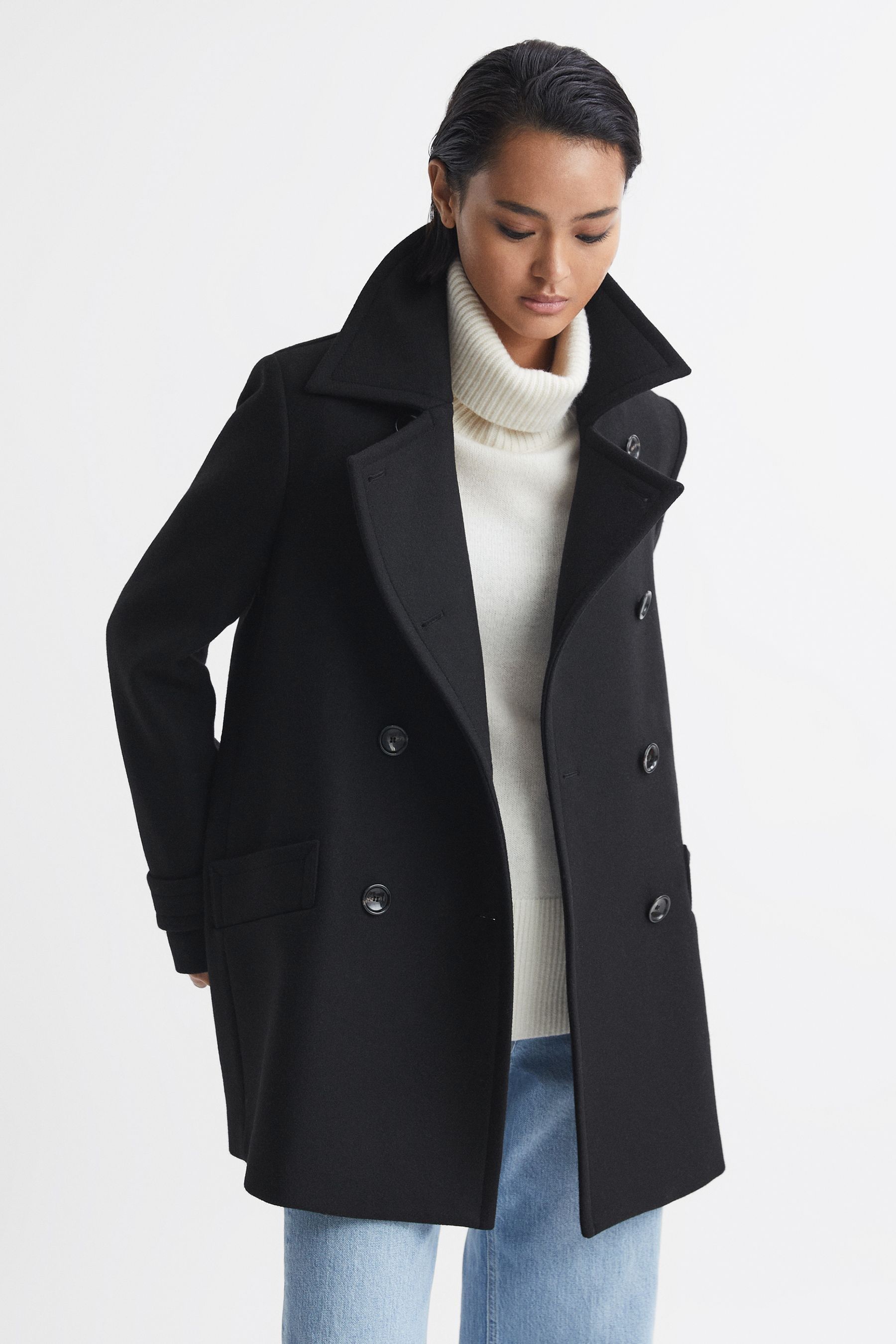 REISS MAISIE - BLACK WOOL BLEND DOUBLE BREASTED COAT, US 6