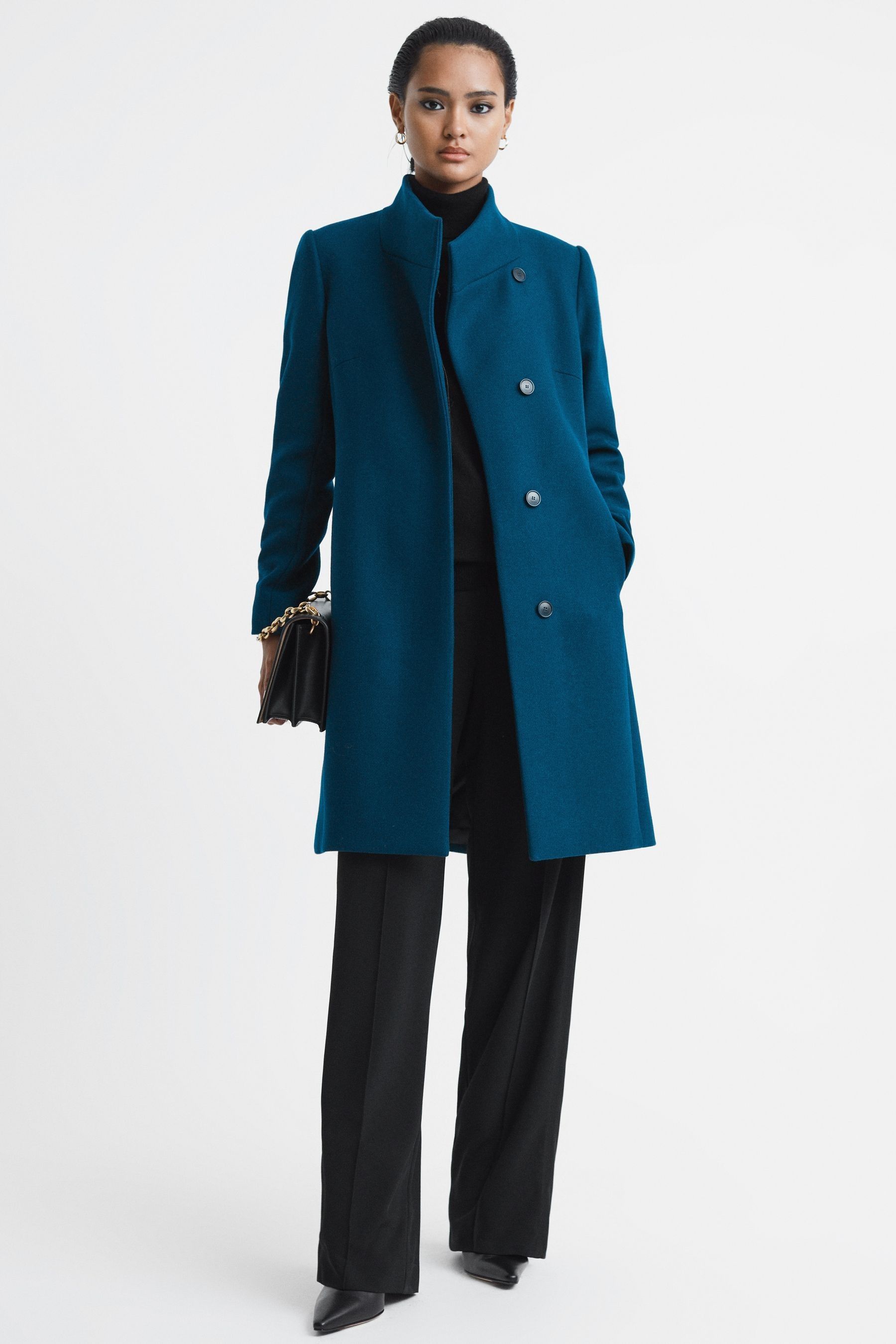 Reiss Mia - Teal Wool Blend Mid-length Coat, Us 0