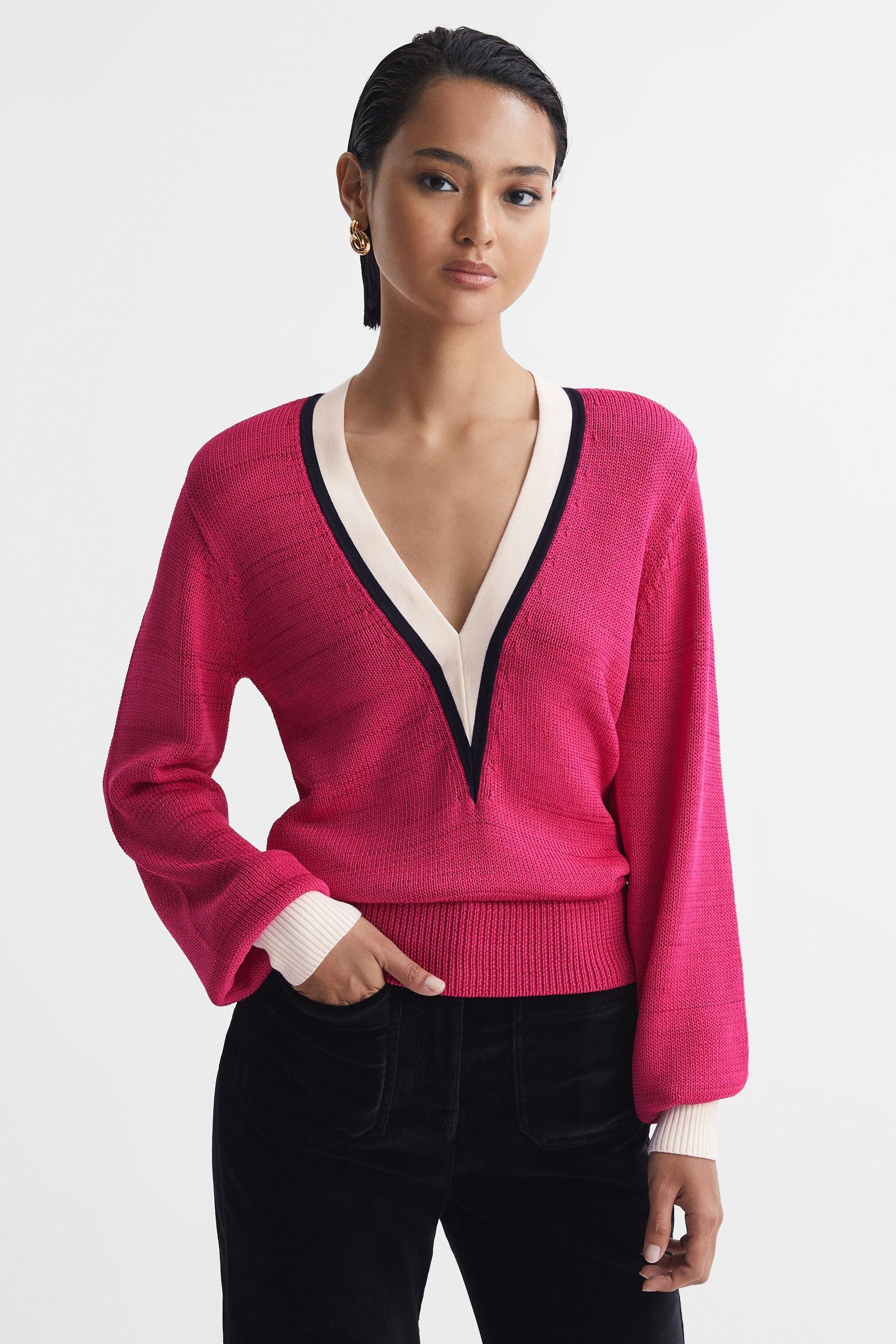 Reiss Talitha - Pink/ivory Contrast Trim Knitted Jumper, Xs