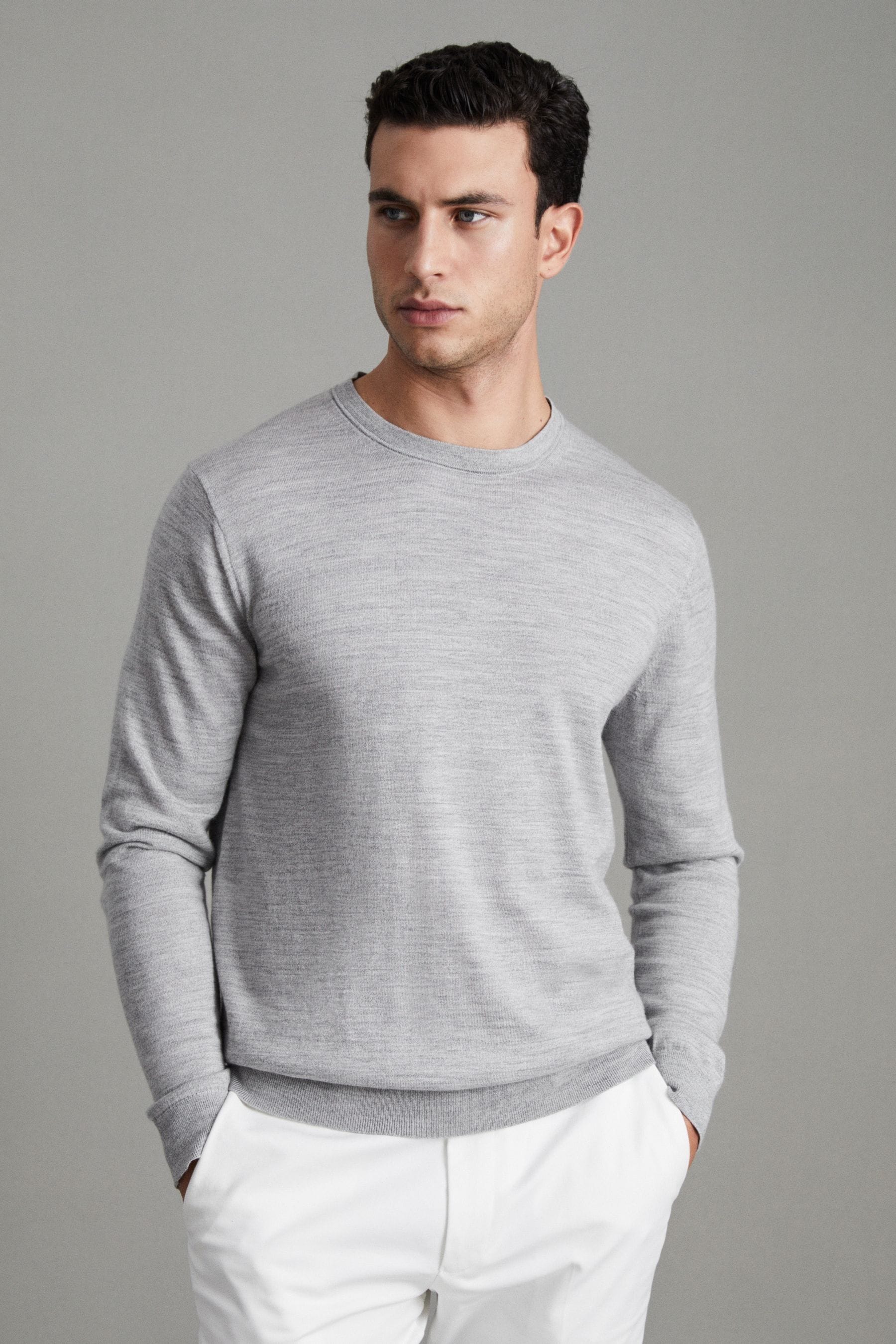 Reiss Wessex Merino Crewneck Sweater In Soft Grey Mouli