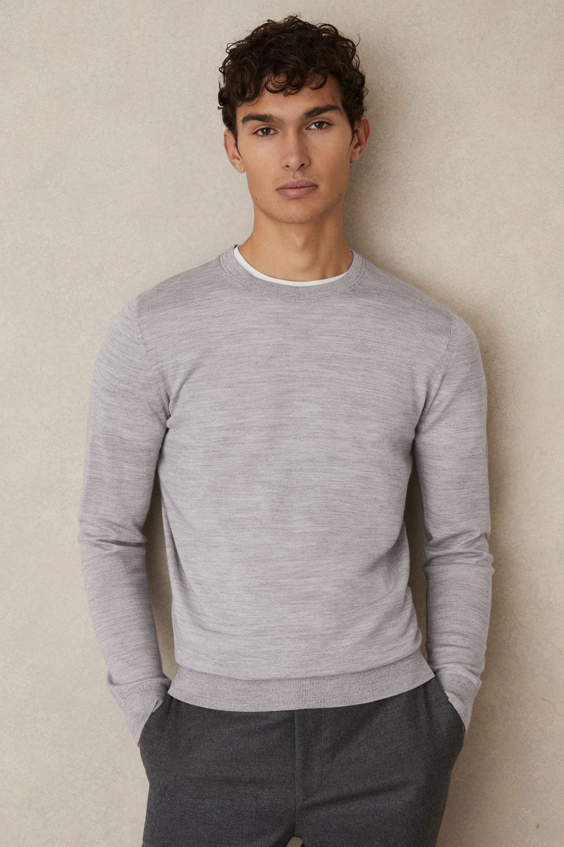 Reiss Soft Grey Mouline Merino Wool Crew Neck Jumper, S