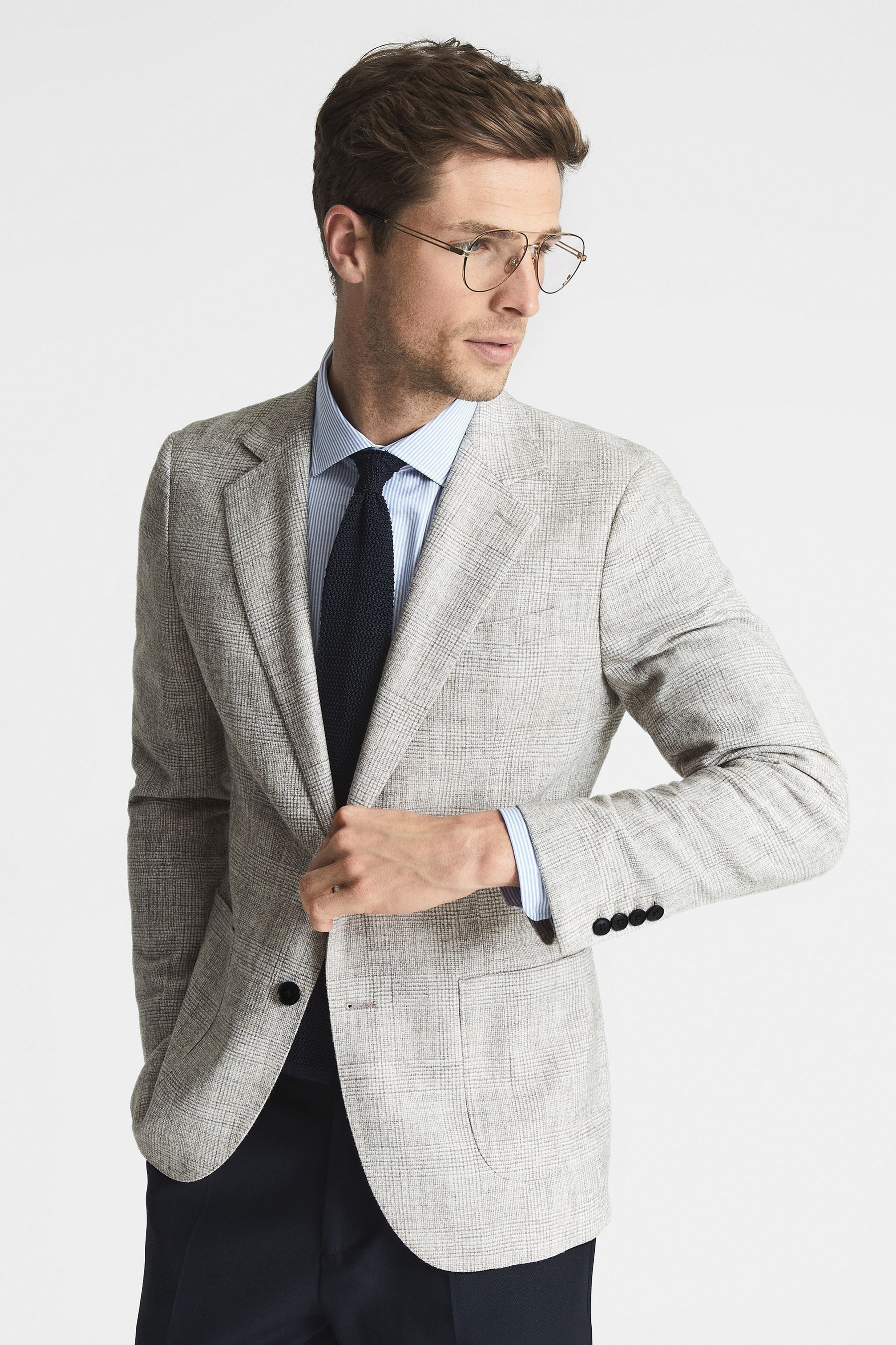 REISS LINDHURST - OATMEAL SINGLE BREASTED CHECK BLAZER, 42R