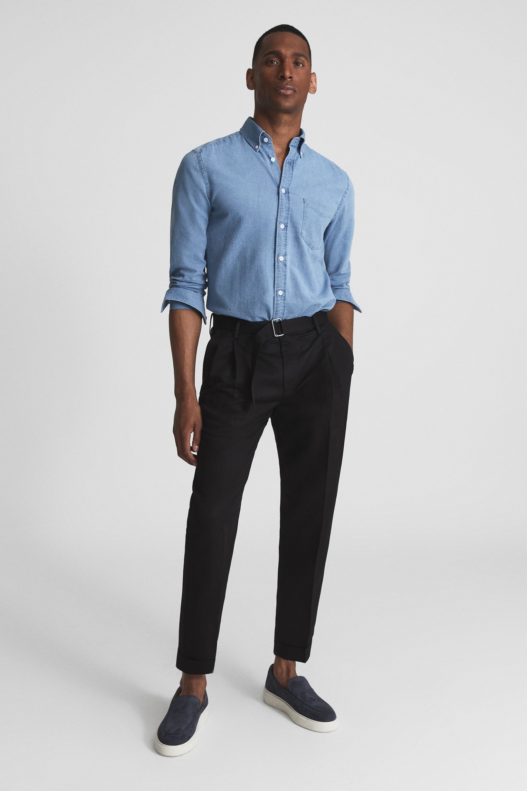 Crease Mens Black Lyocell Linen Belted Tapered Trousers