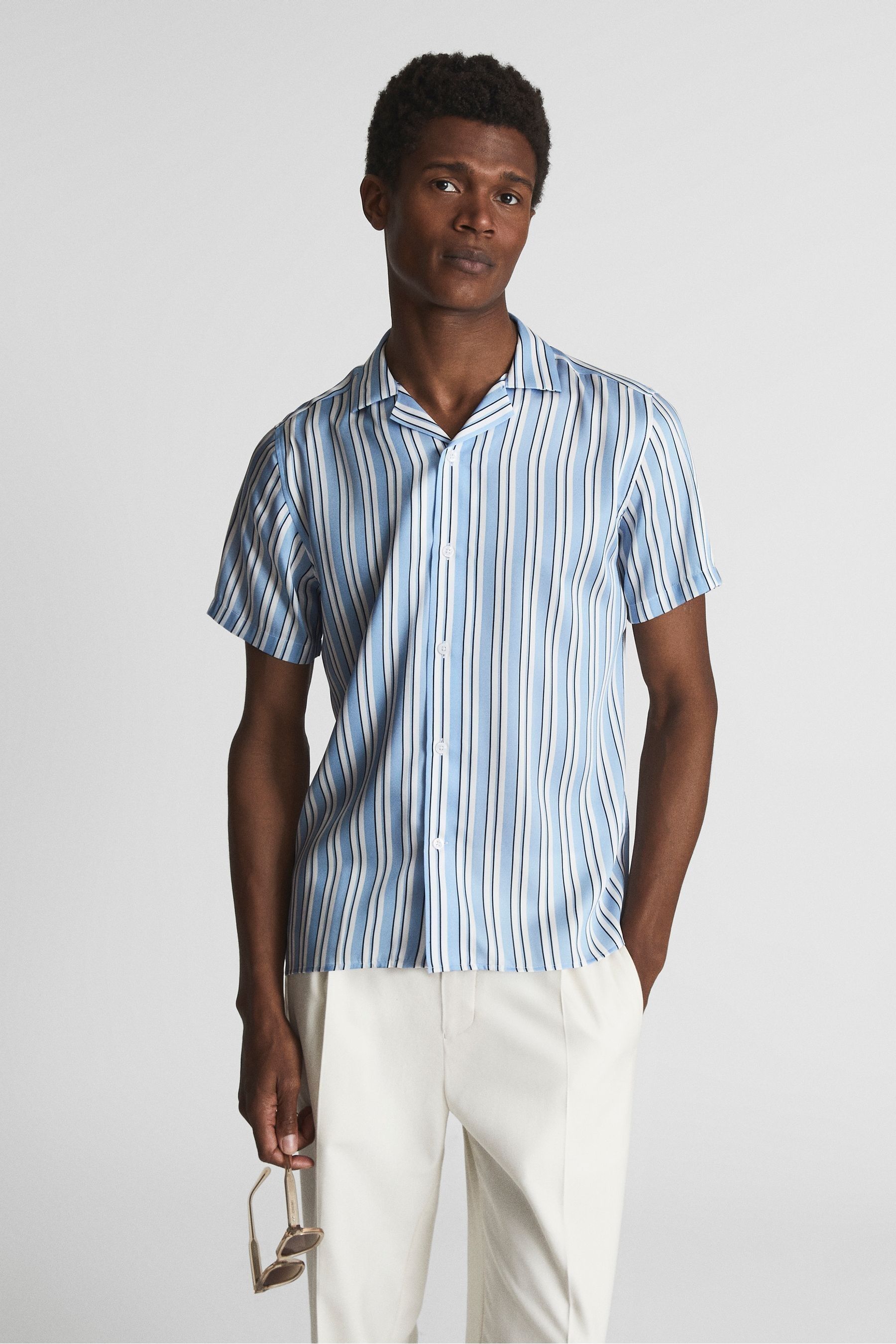 Reiss Lebon Striped Camp Shirt In White 