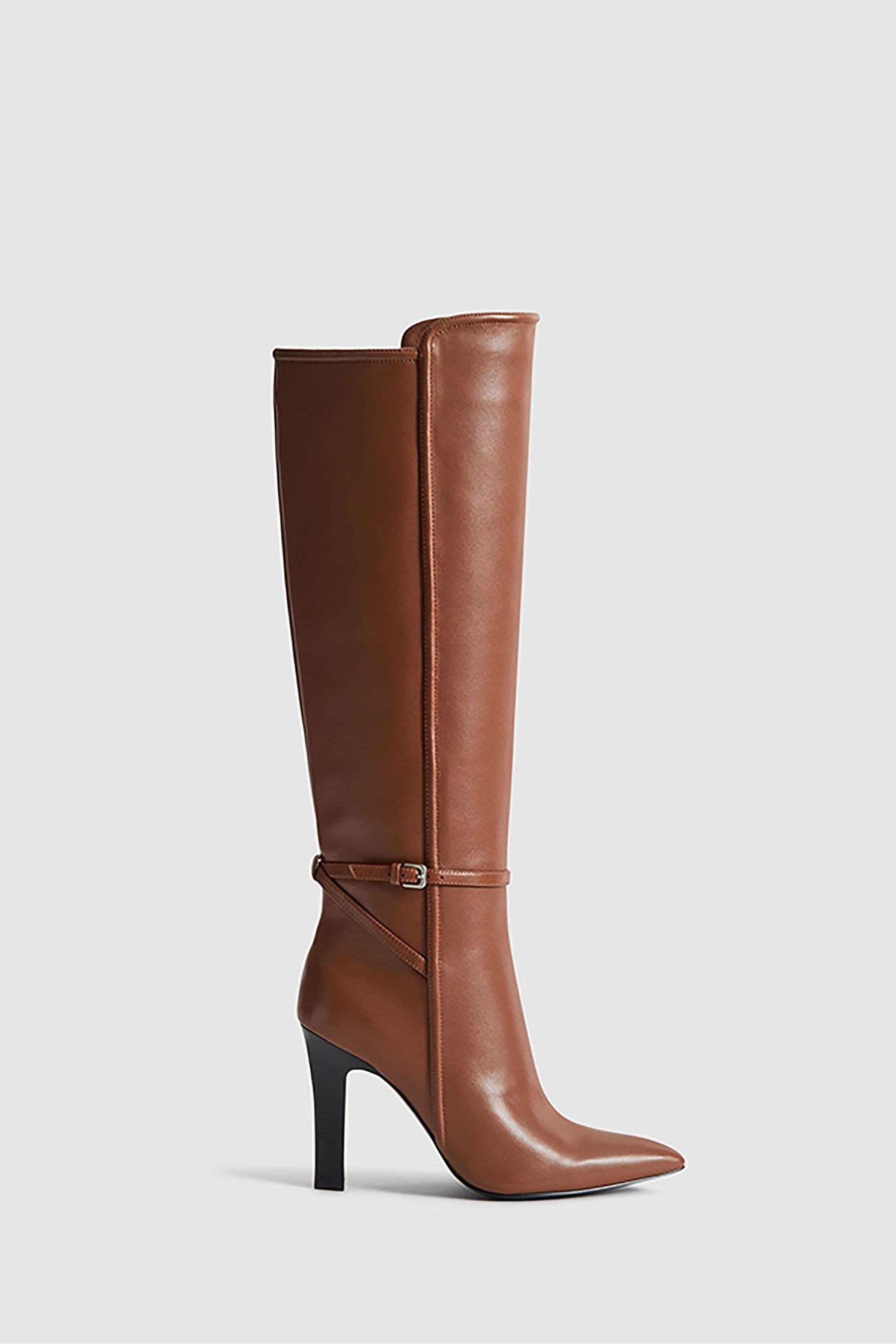 Reiss Caitlin Leather Knee High Boots In Tan In Tan