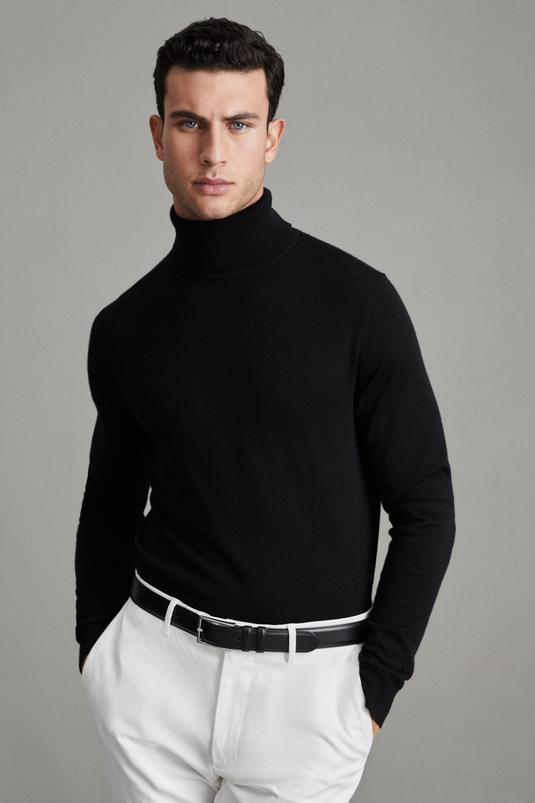 Reiss Black Merino Roll-neck Jumper, S