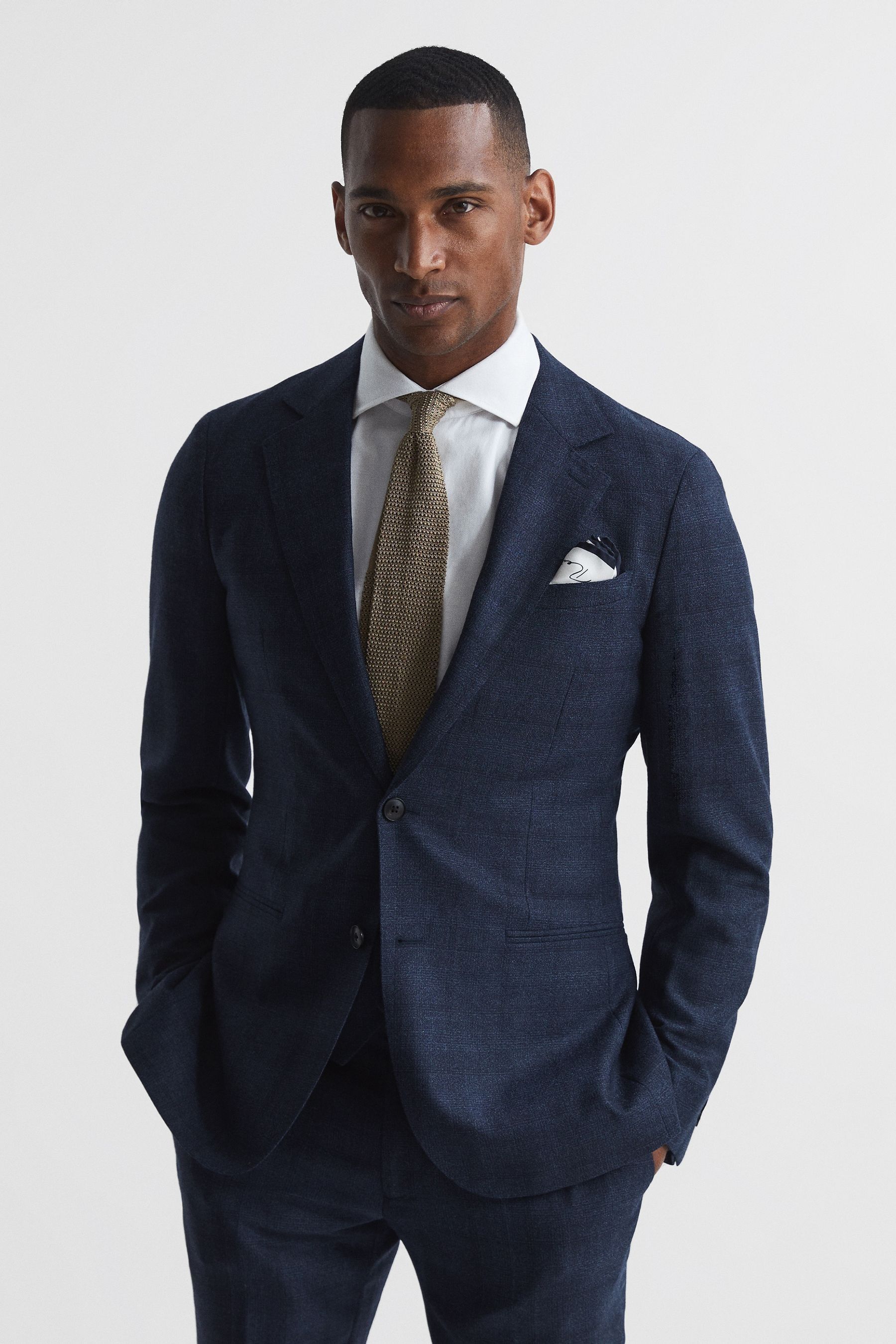 Ancroft Mens Navy Blue Wool Single Breasted Prince Of Wales