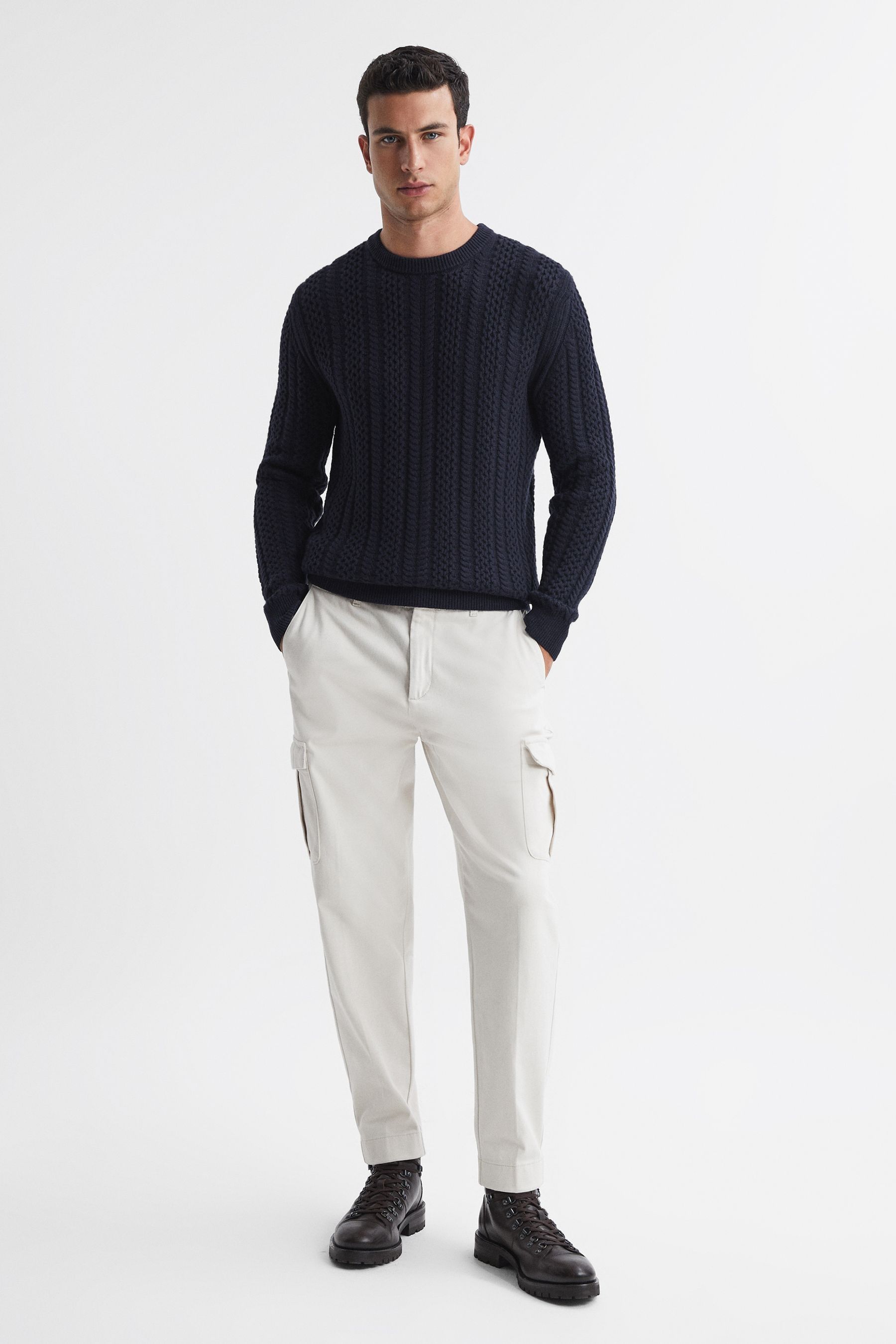Reiss Arlington - Navy Slim Fit Wool-cotton Cable Knit Jumper, Xs