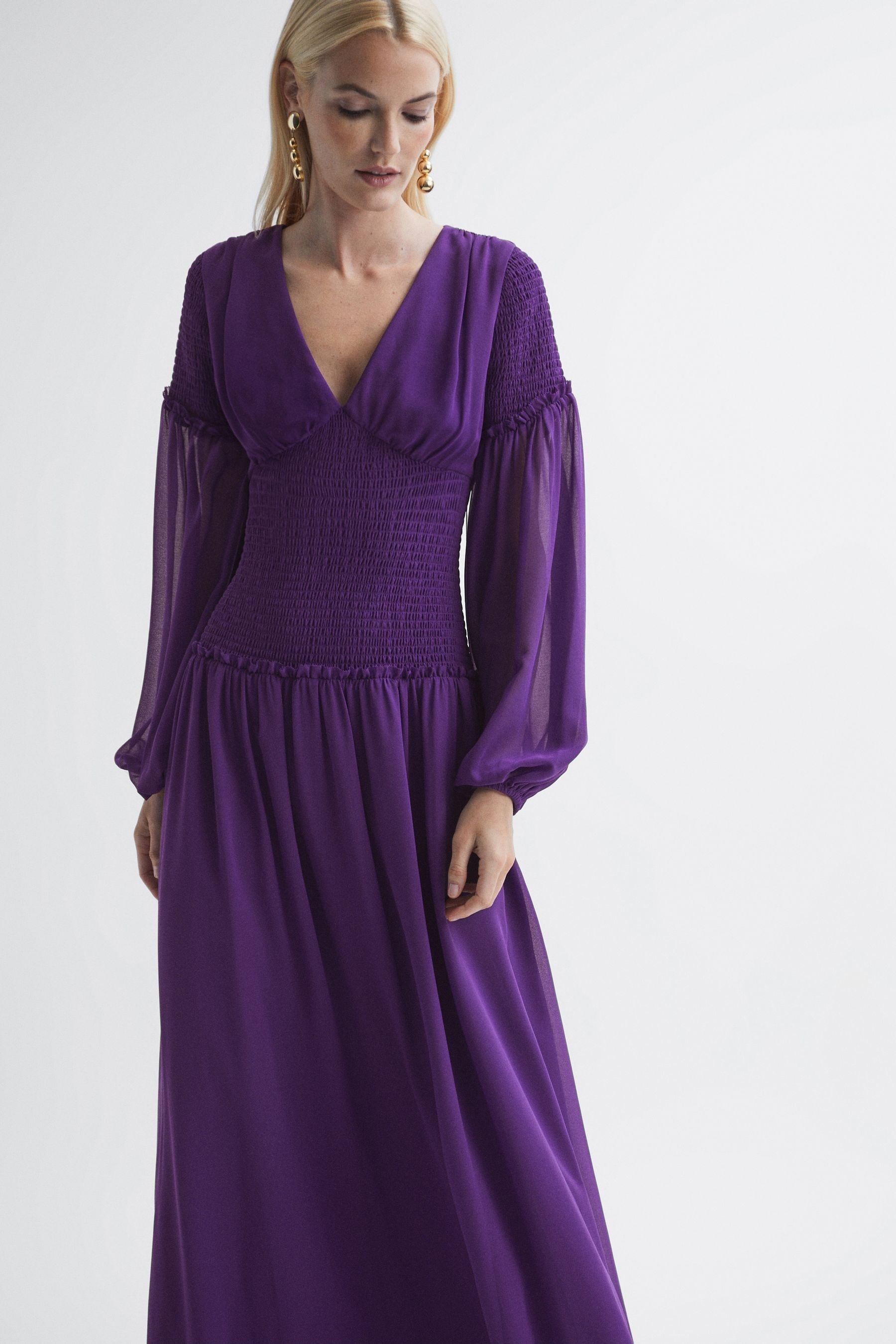 Florere Plunge Neck Shirred Maxi Dress In Dark Purple