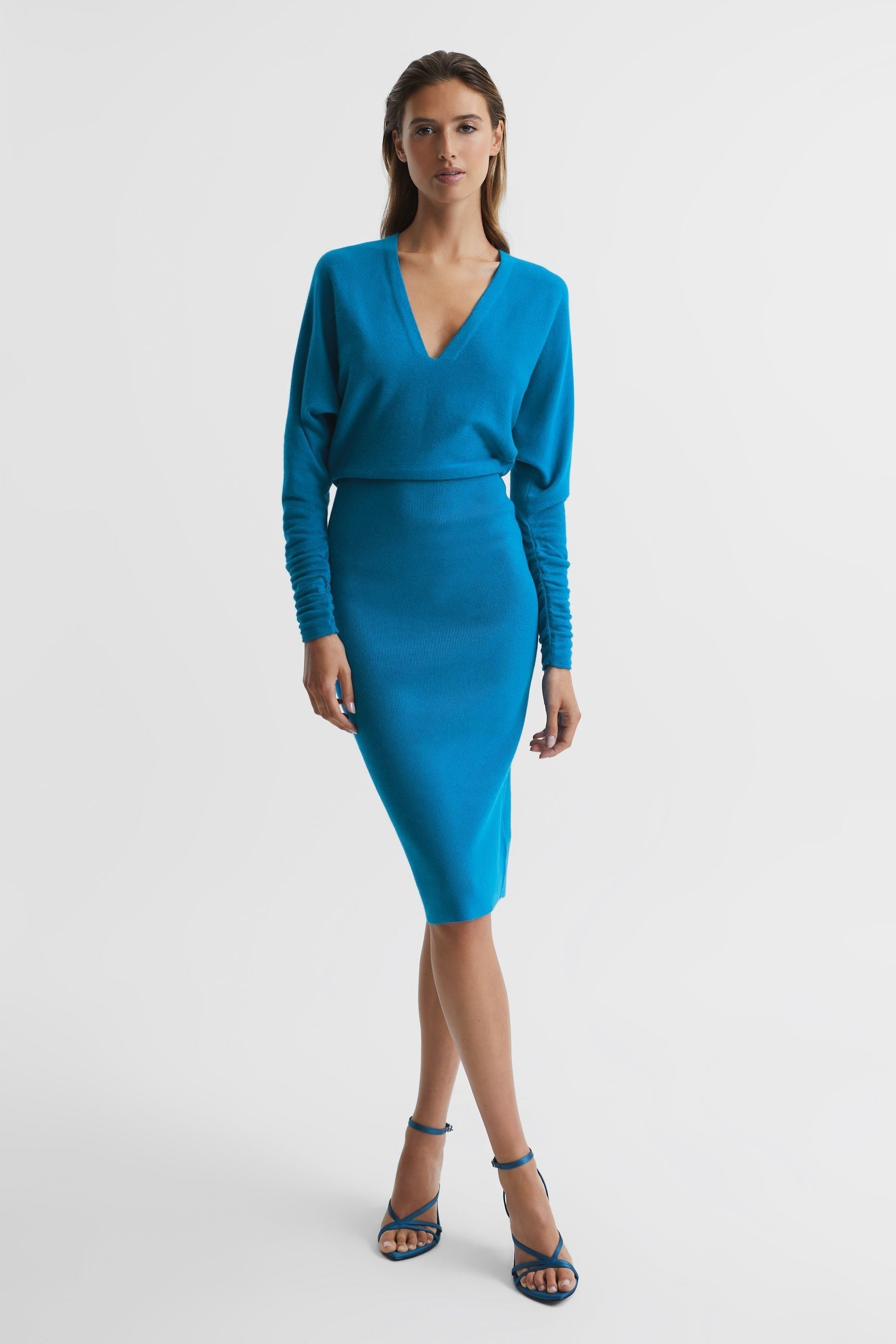 Reiss Jenna - Blue Wool Blend Ruched Sleeve Midi Dress, S