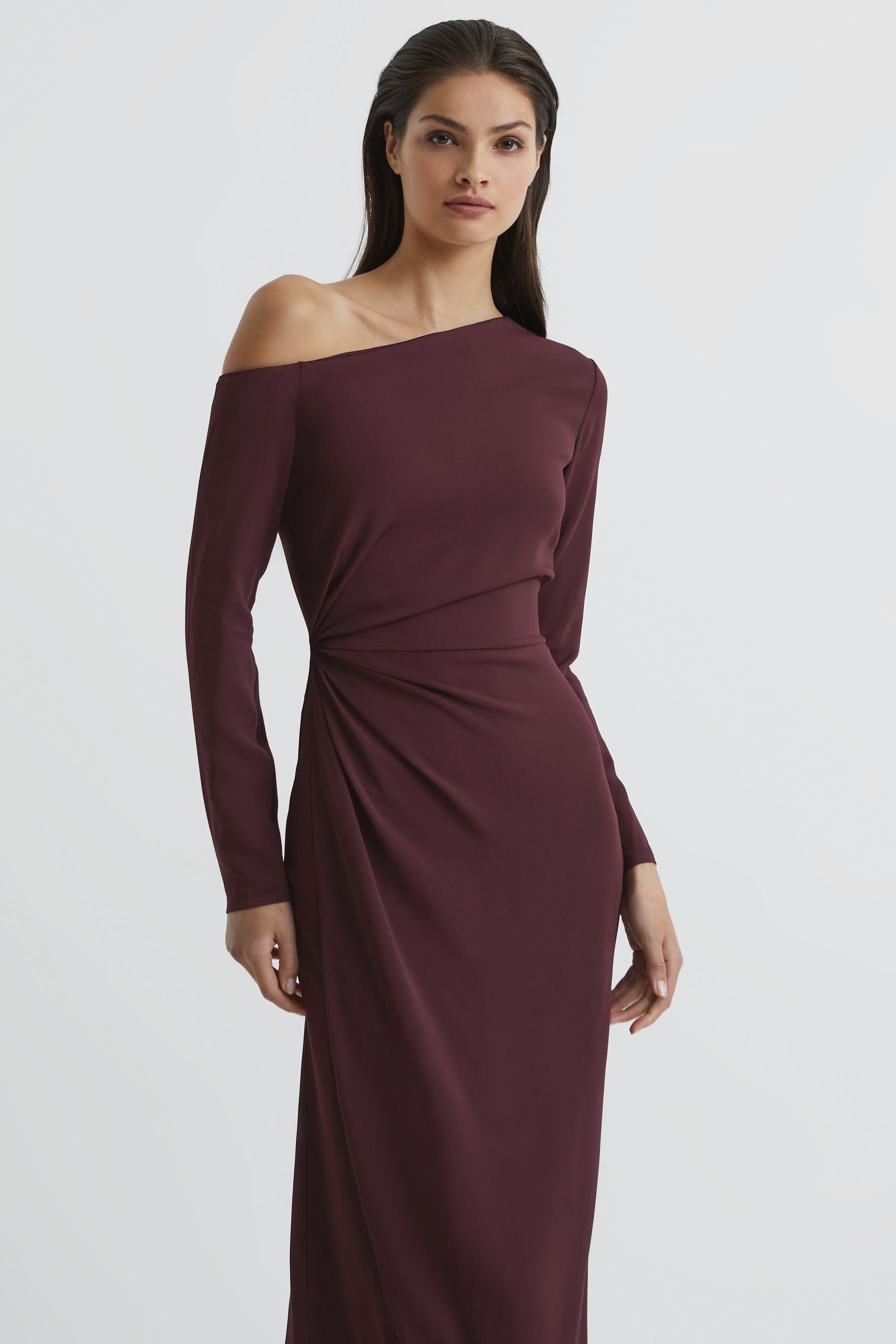 Nadia - Burgundy Off-Shoulder Drape Midi Dress