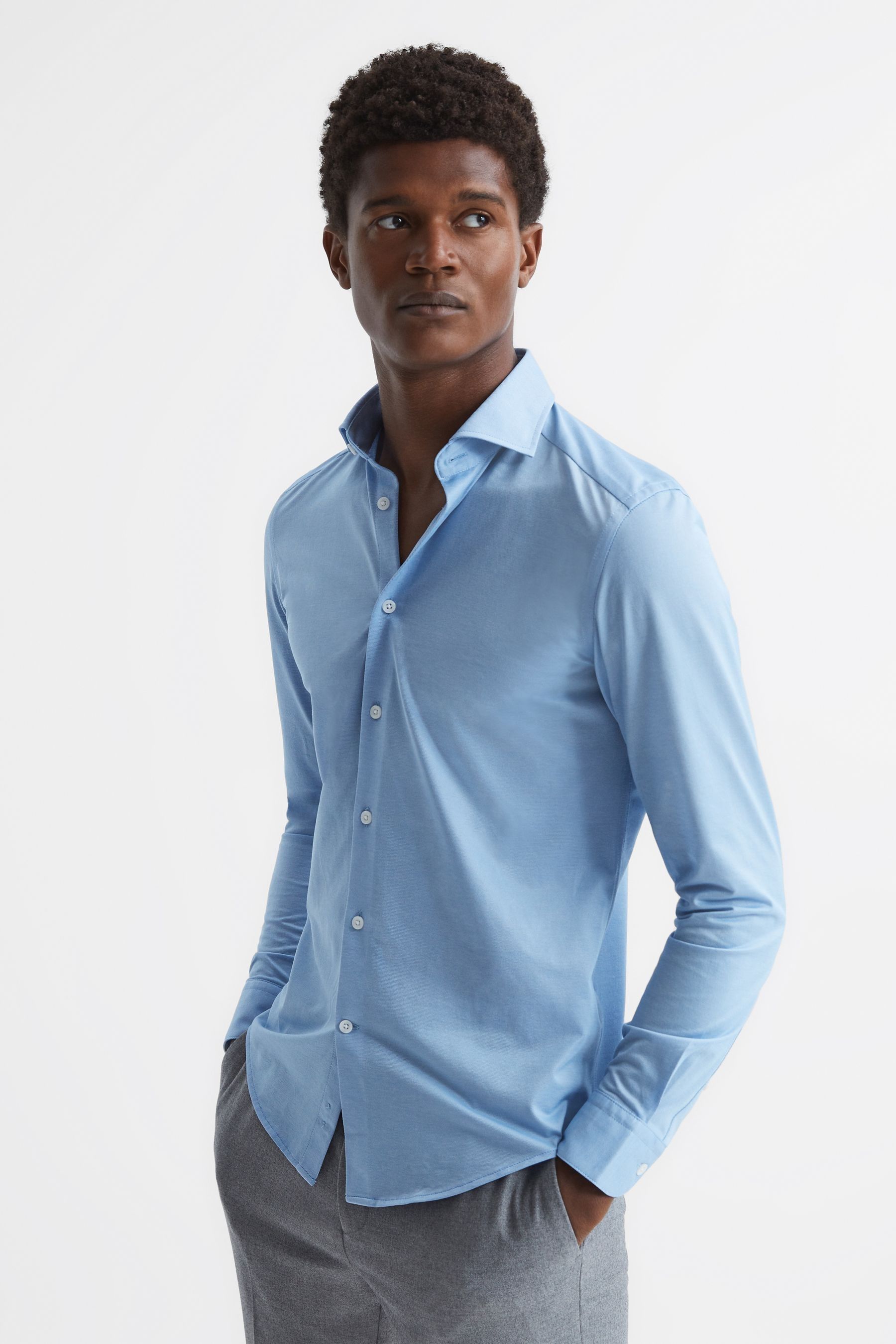 Reiss Mens Soft Blue Nate Slim-fit Cotton-blend Shirt