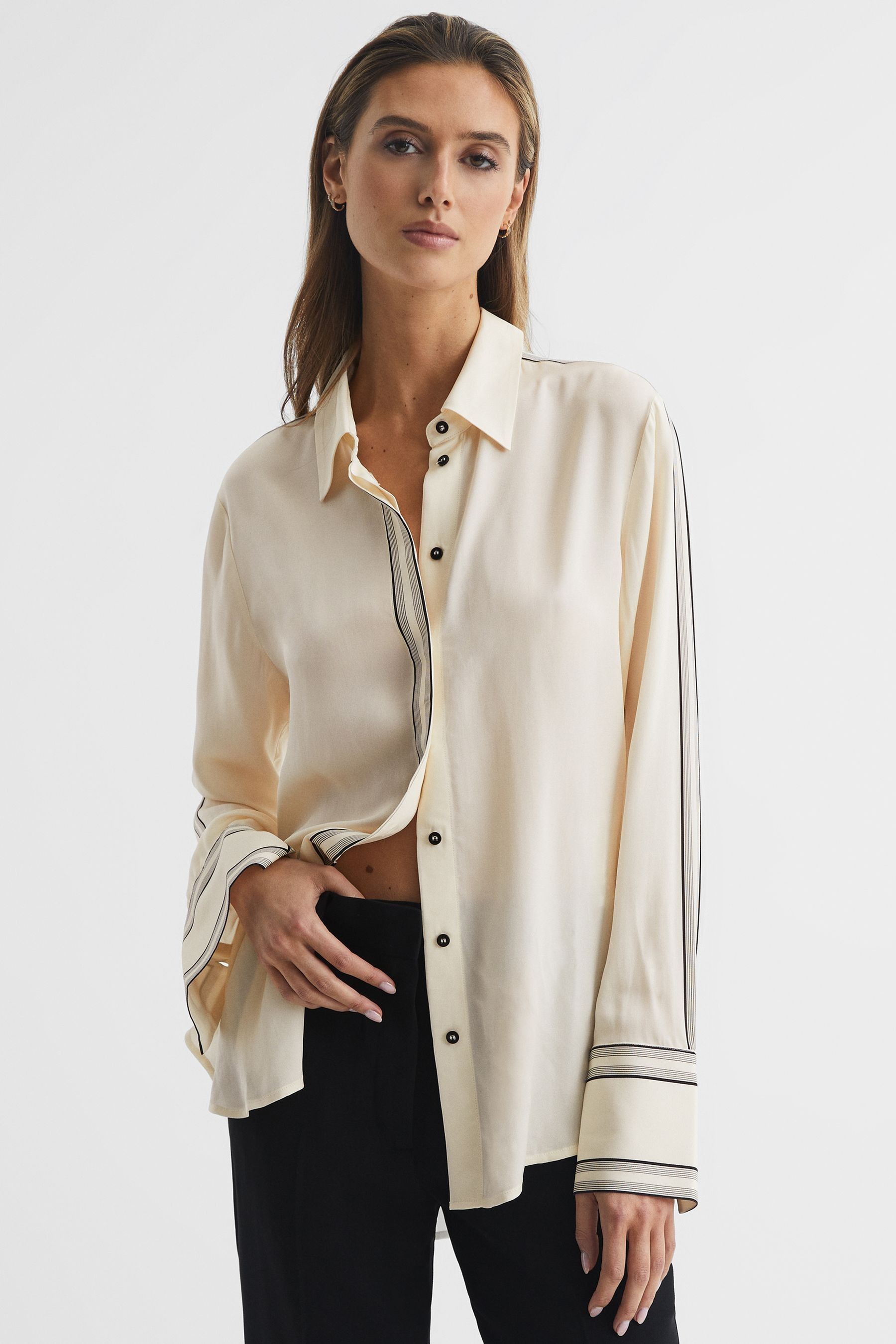 Reiss Bailey Blouse Viscose Side Stripe, Cream Size: 16