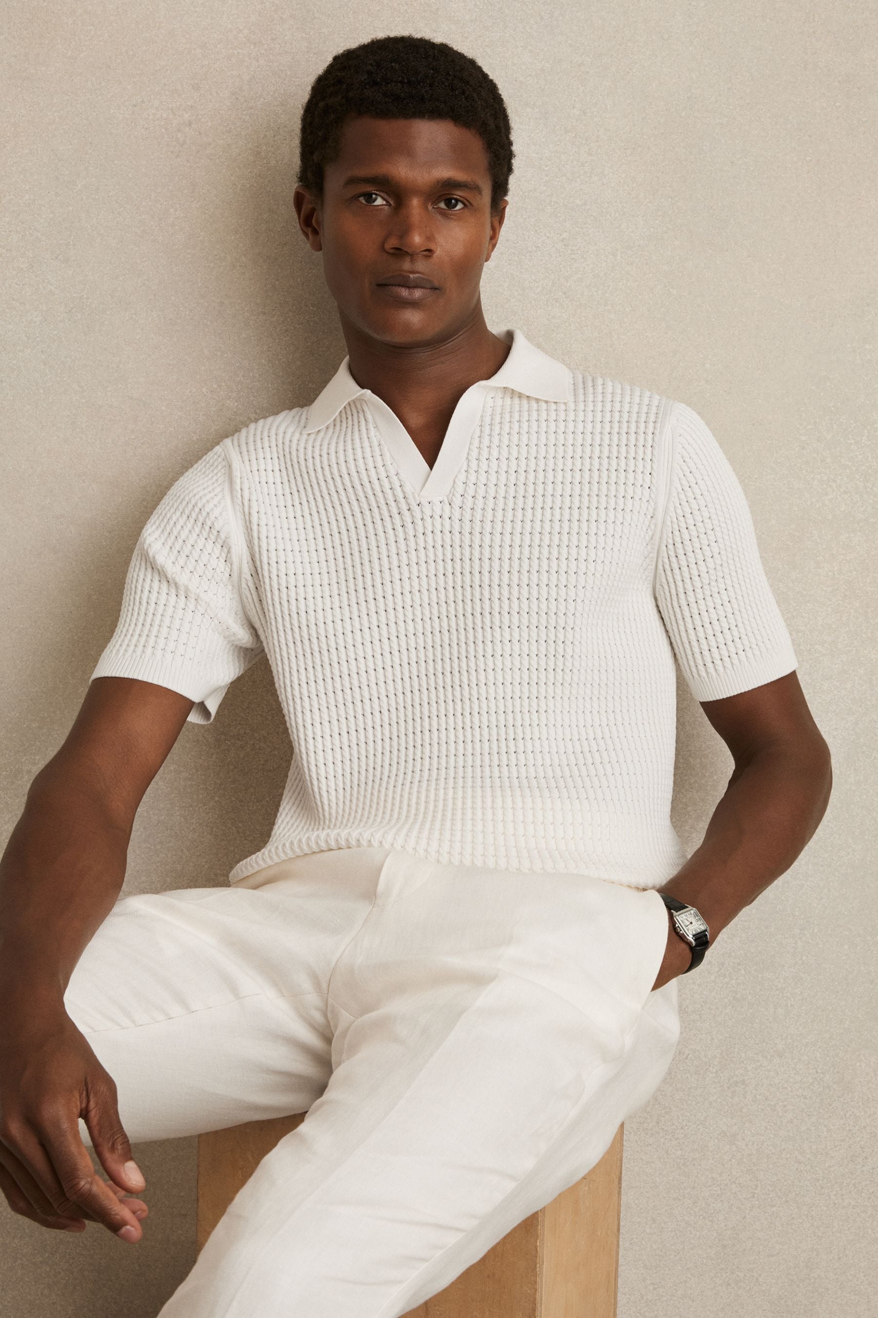 Reiss White Micro-cable Open-collar Cotton-blend Shirt
