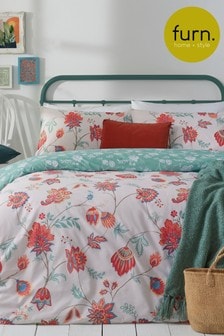 furn. Coral Red Amreli Floral Reversible Duvet Cover and Pillowcase Set